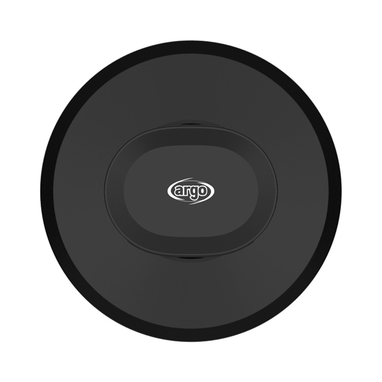 Un oggetto circolare nero con una forma ovale interna che mostra il testo bianco "argo" al centro.
