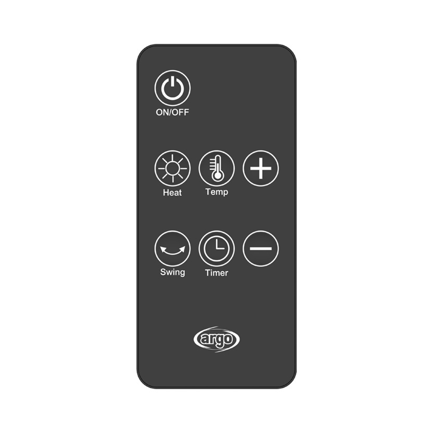 Telecomando Argo grigio scuro con pulsanti rotondi per accensione, calore, temperatura, oscillazione e timer.