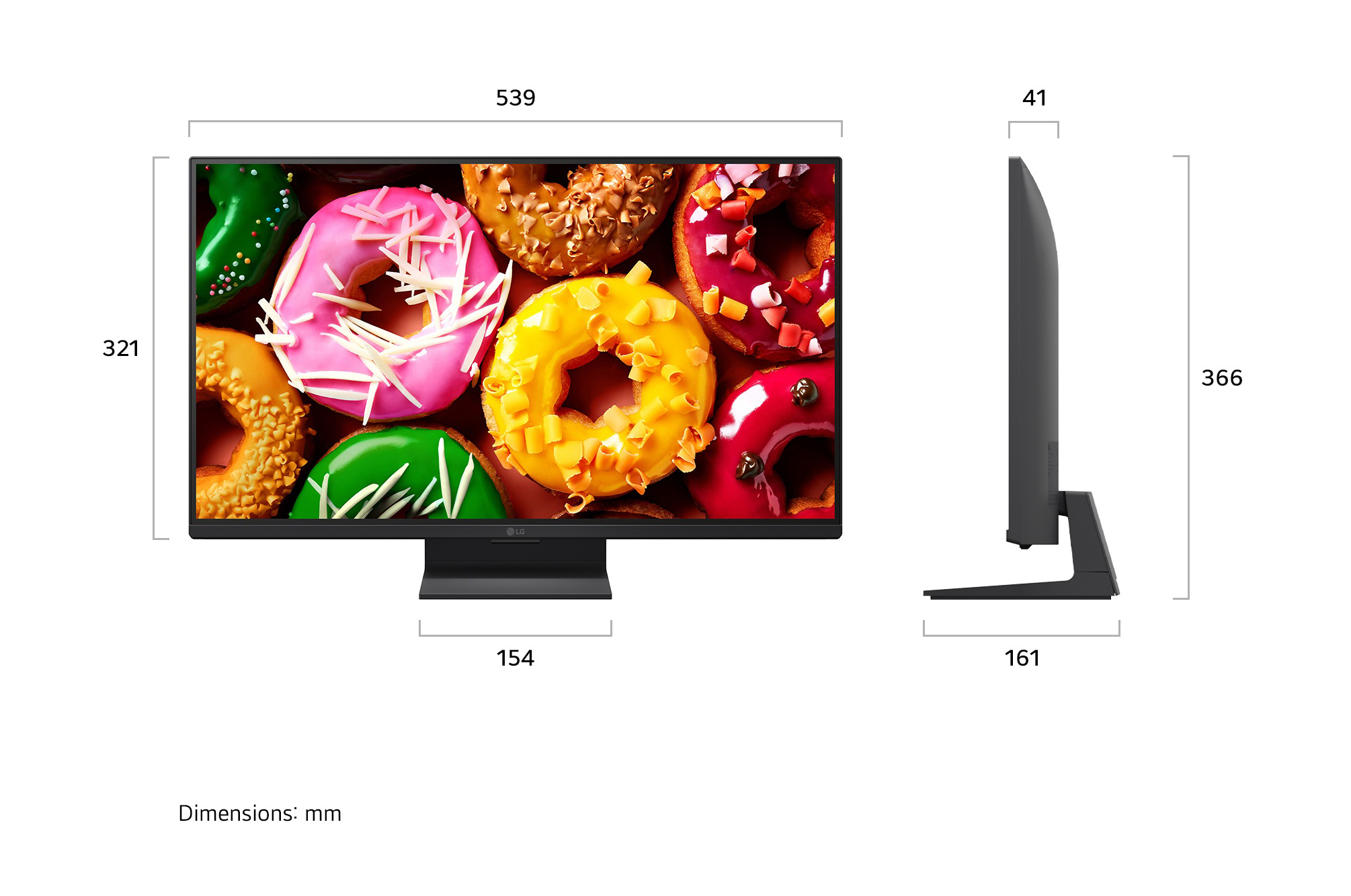 Monitor méretekkel mm-ben, elölről és oldalról mutatva, színes fánkok képével.