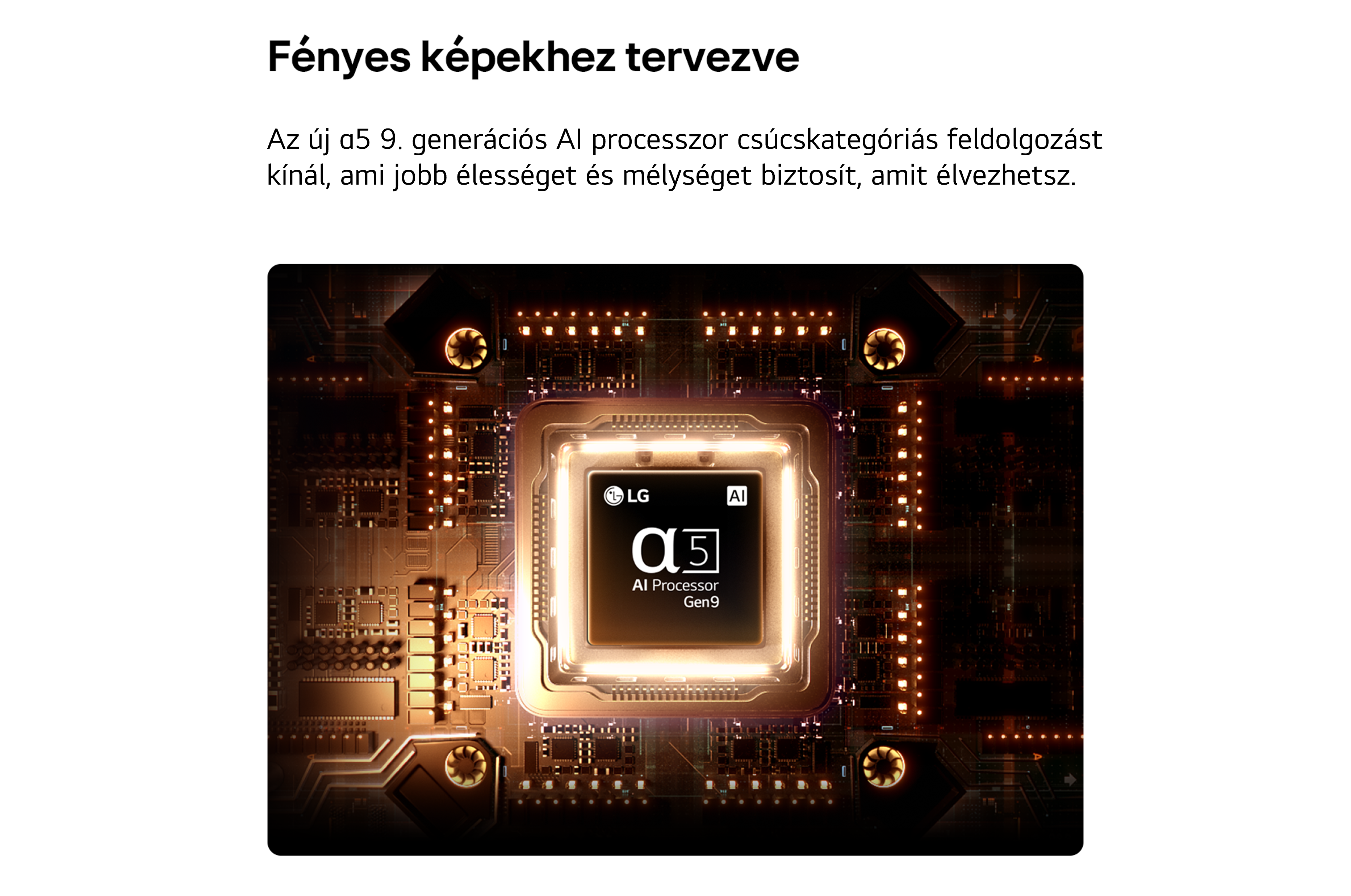 LG a5 Gen9 AI processzor világító áramköri lapon, felette magyar szöveggel.