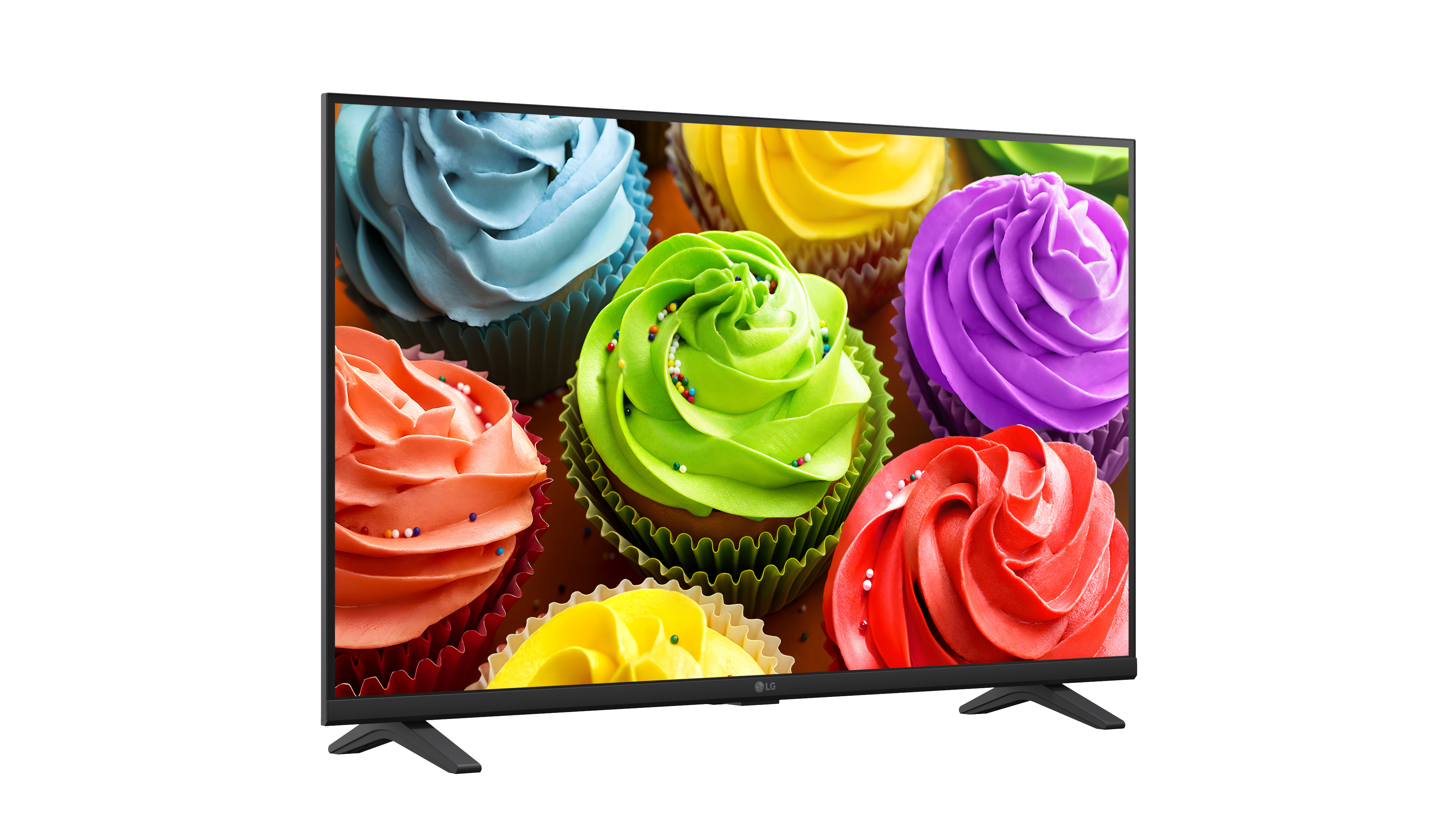 Egy modern síkképernyős TV fehér háttéren színes, mázas cupcake-k élénk képét jeleníti meg.