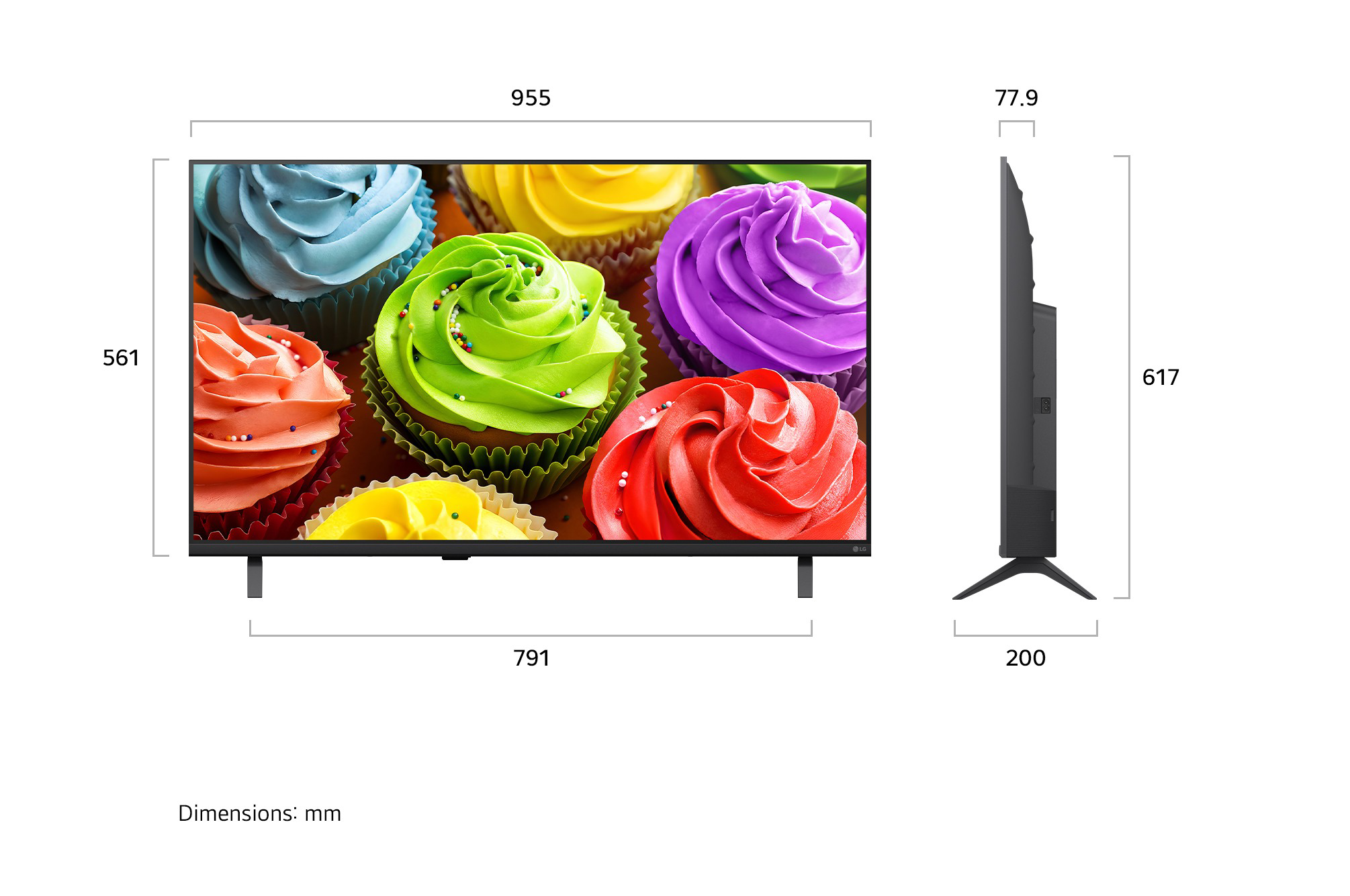 Diagram mutatja a síkképernyős TV méreteit színes muffinokkal, milliméterben.