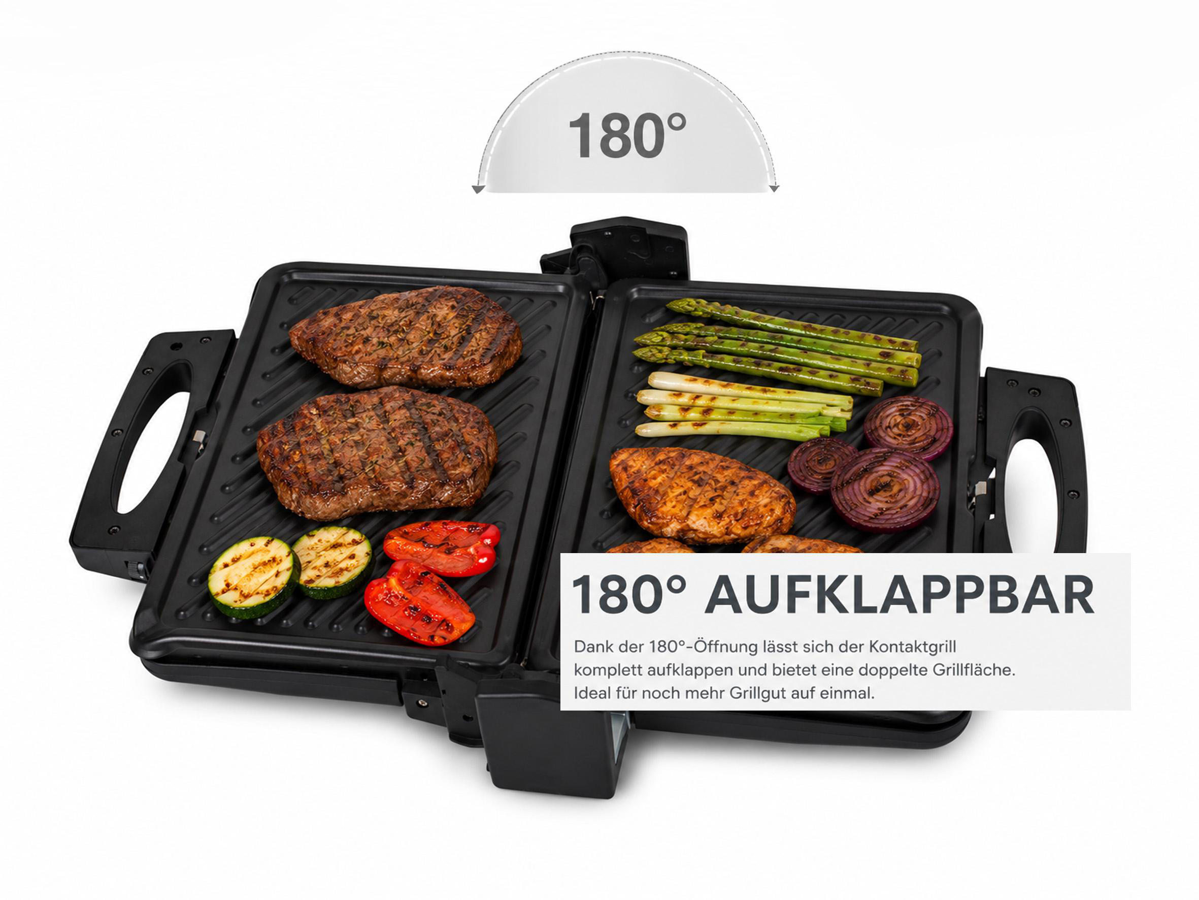 Ein offener Kontaktgrill mit Steaks, Gemüse und Textoverlays, die 180° Öffnung zeigen.