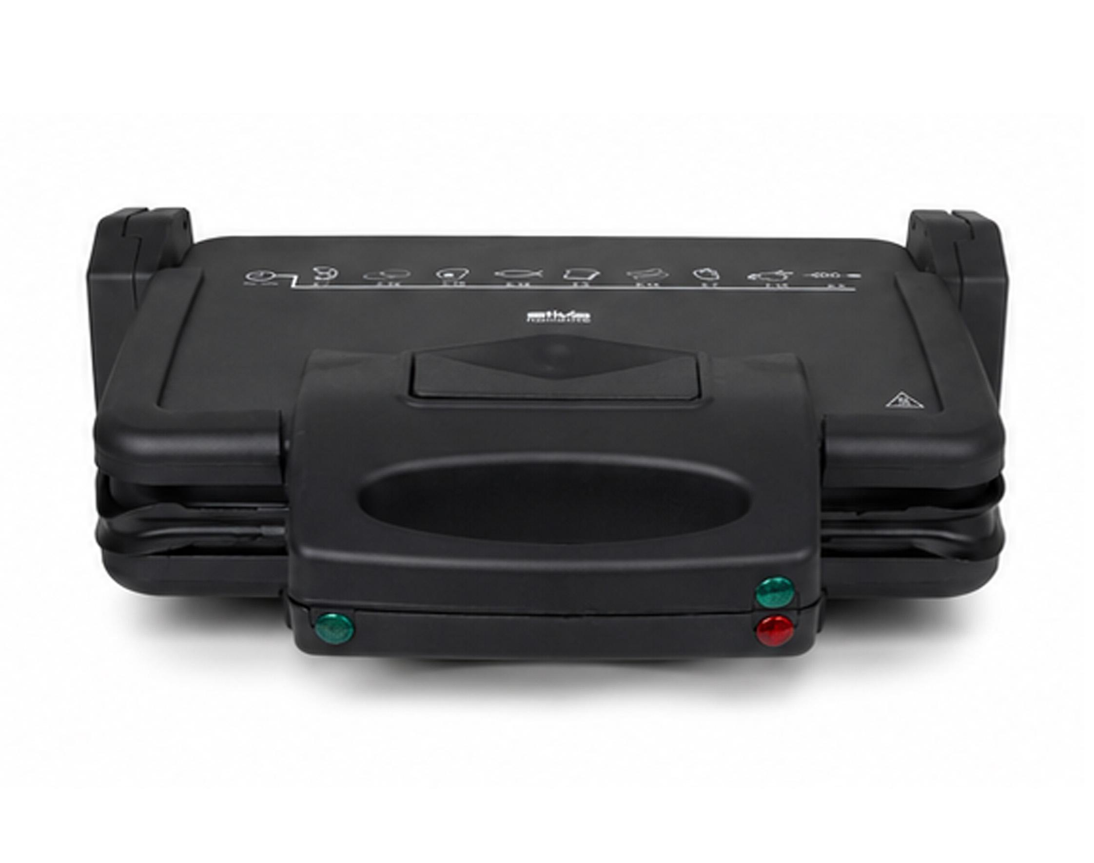 Ein schwarzer Elektrogrill mit Icons oben und grünen sowie roten Kontrollleuchten auf weißem Hintergrund.