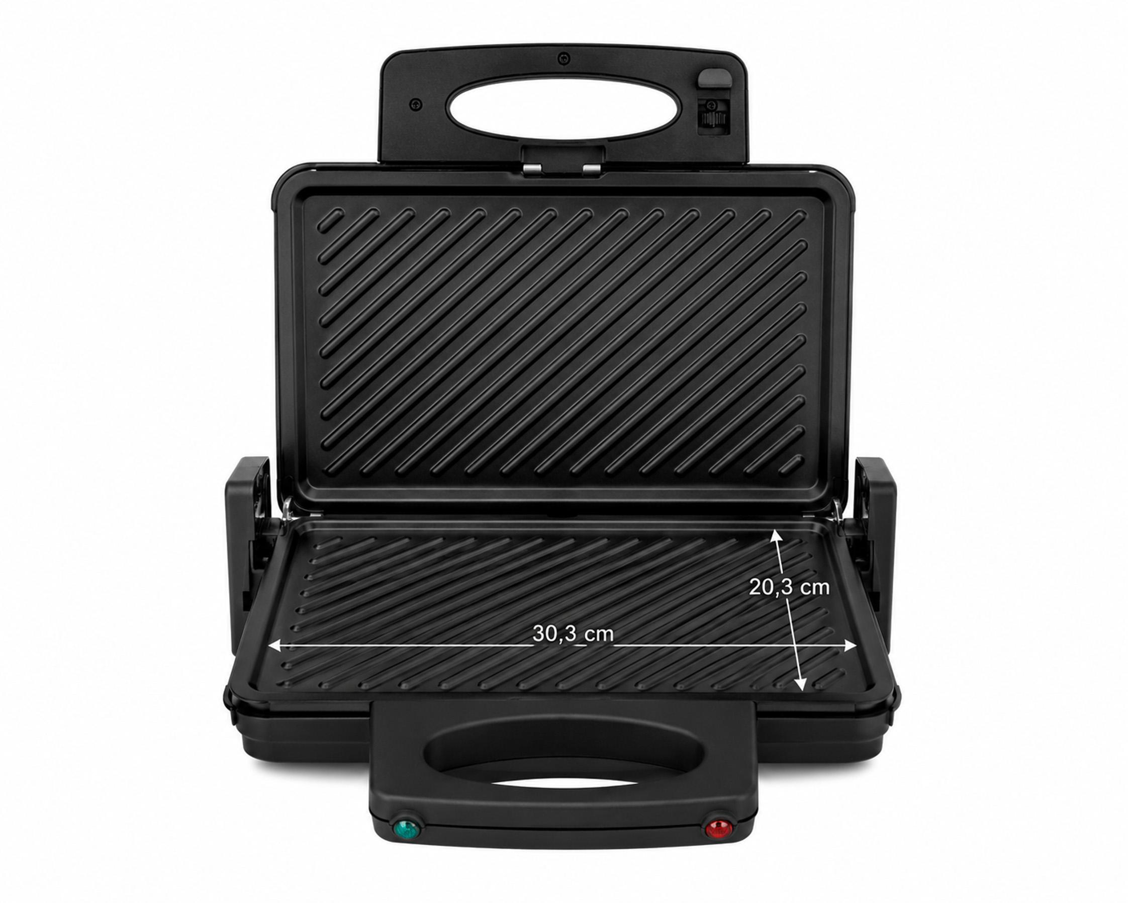 Schwarzer Tischgrill mit offenen, gerippten Platten, Abmessungen 30,3 cm mal 20,3 cm, wei"er Hintergrund.