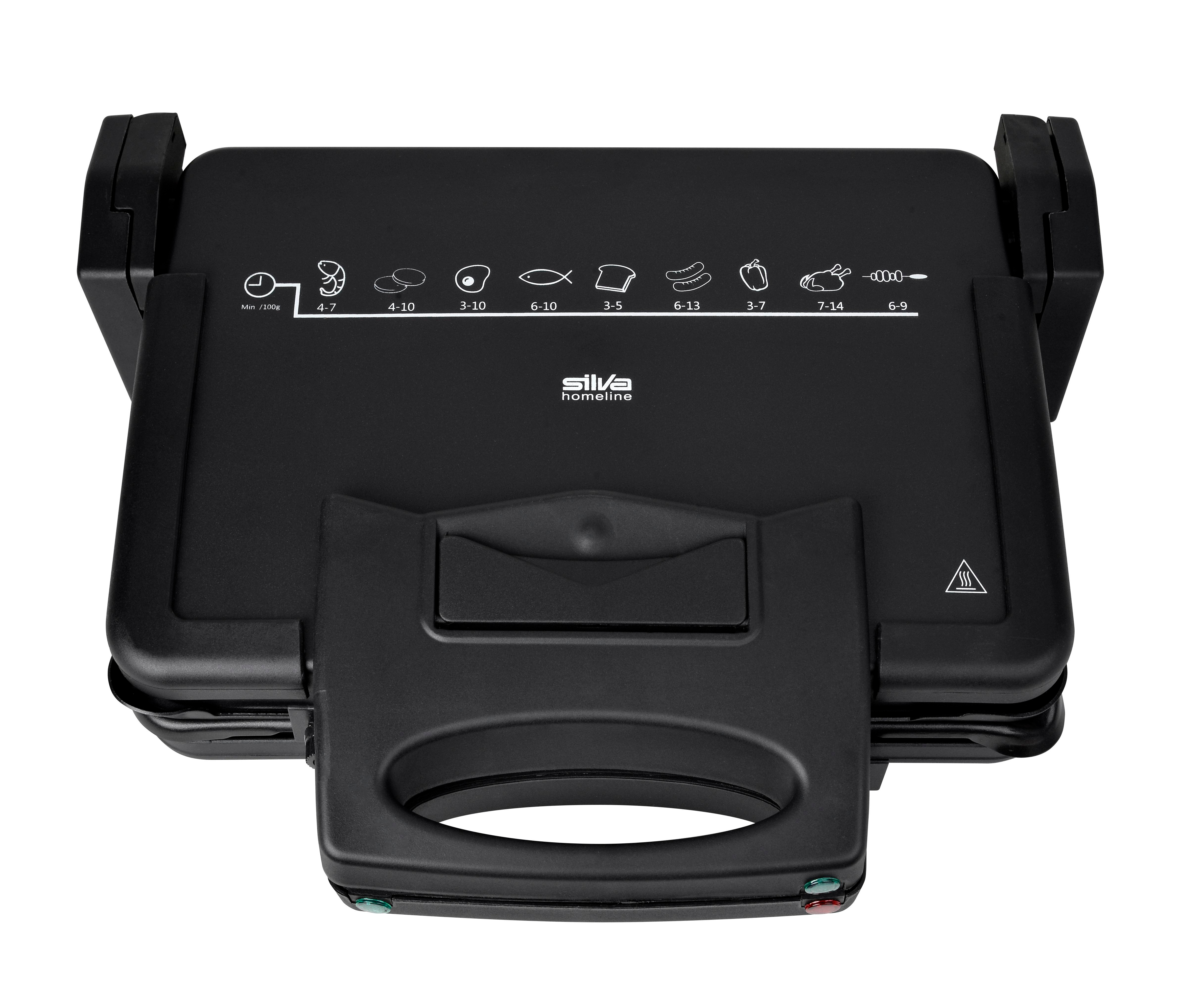 Ein geschlossener schwarzer Kontakttischgrill mit dem Markenlogo Silva homeline und Grillzeit-Symbolen.