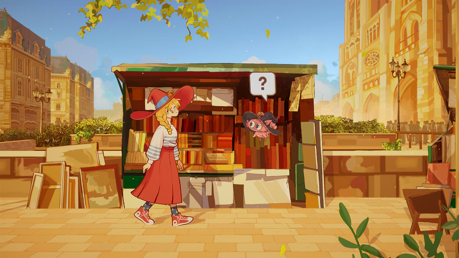 Una strega con cappello e gonna rossi cammina accanto a una bancarella di libri aperta mentre una piccola creatura rosa guarda.