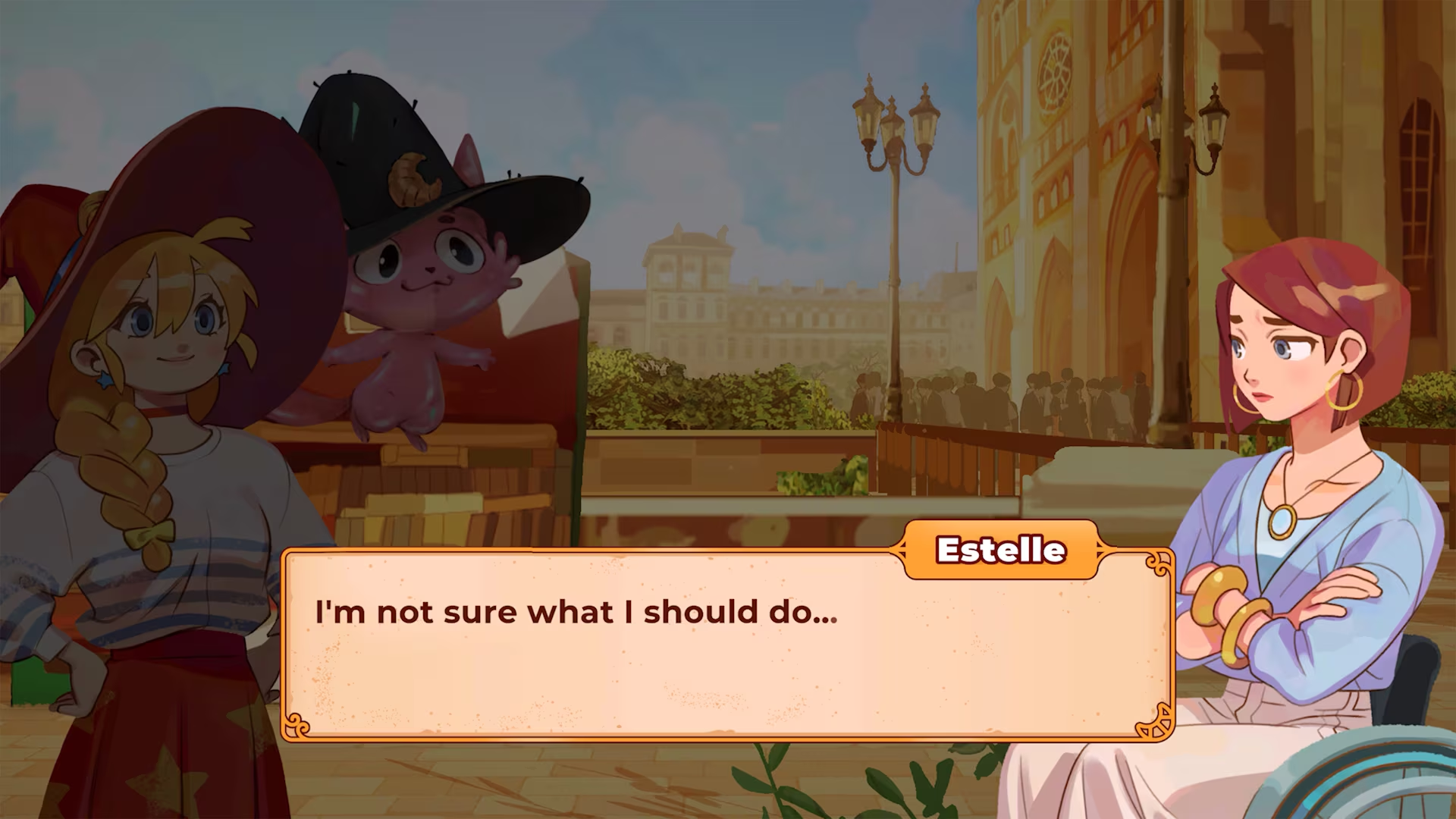 Estelle su una sedia a rotelle parla all'aperto con una donna bionda e un gatto viola.