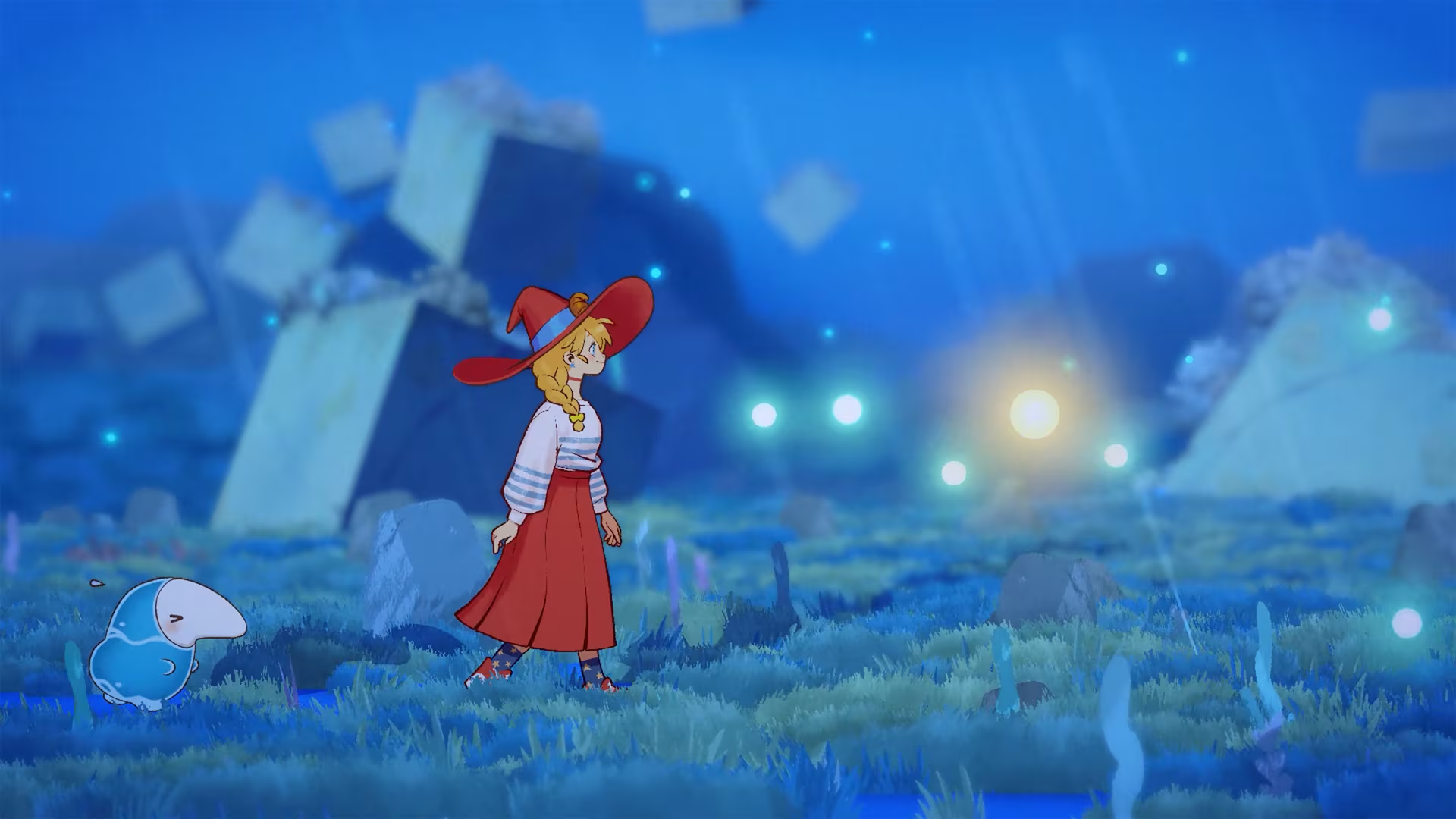 Una strega bionda con cappello rosso cammina in un paesaggio fantastico blu di notte con luci galleggianti.