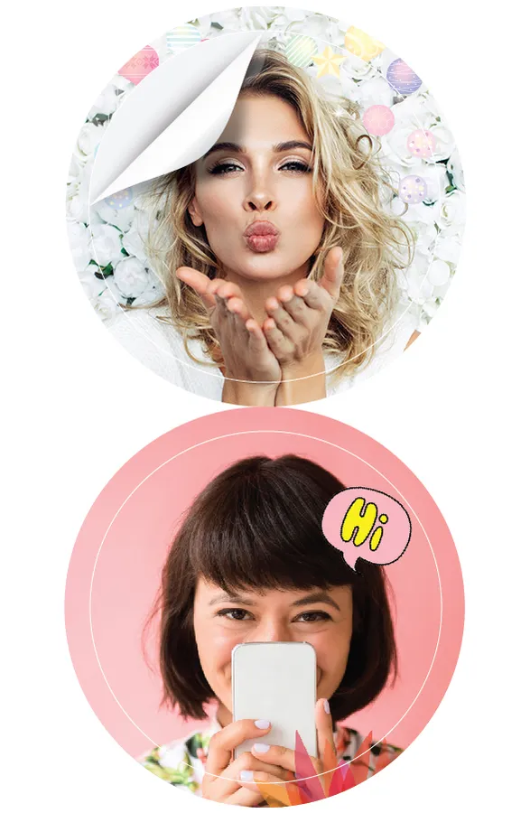 Zwei runde Sticker mit Frauenbildern: Eine blonde Frau sendet einen Kuss, eine brünette Frau hält ein Smartphone.