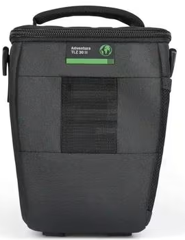 Borsa fotografica nera con manico e logo su sfondo bianco.