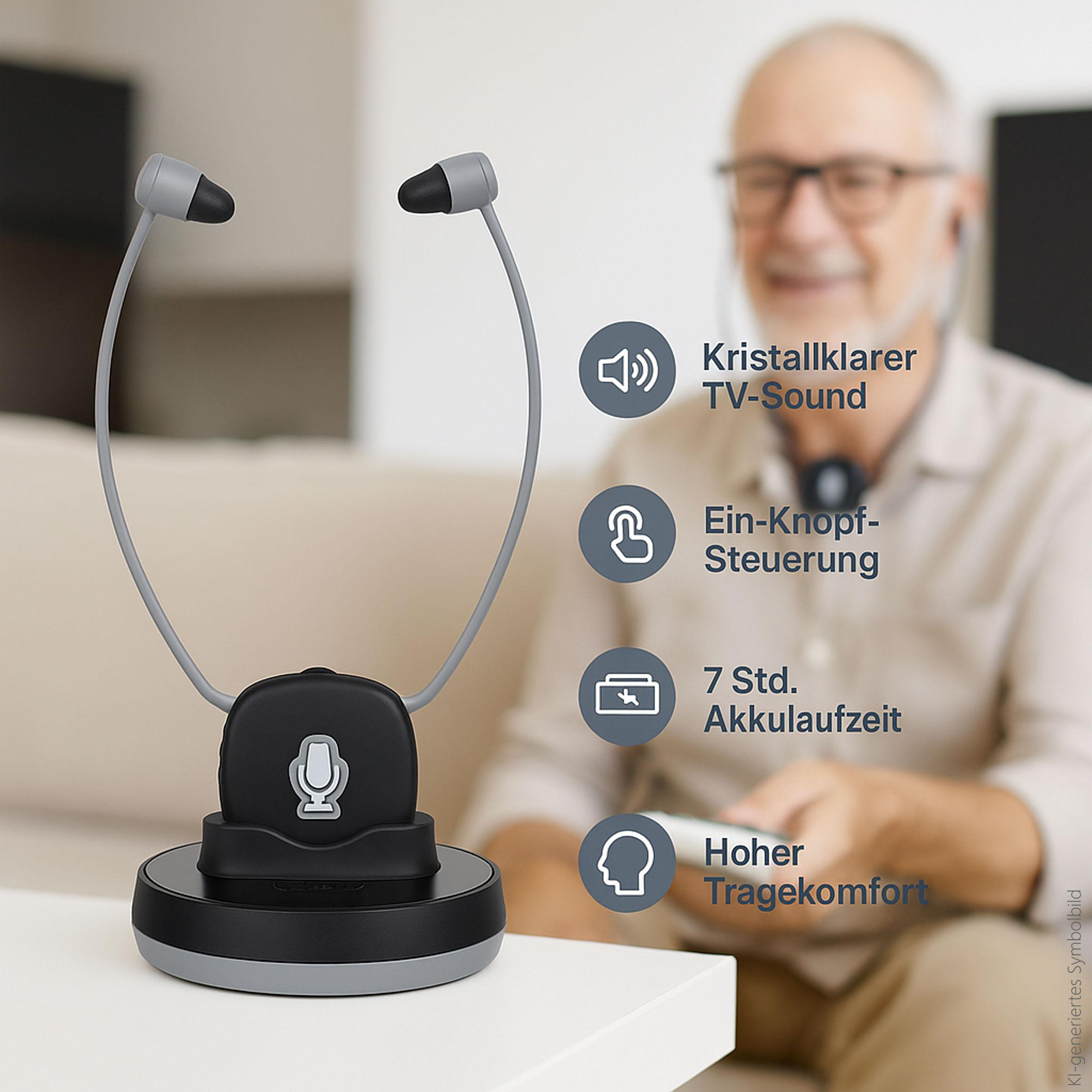 Stethoskop-Kopfhörer für Fernseher auf einem Tisch mit Feature-Icons und älterem Mann im Hintergrund.