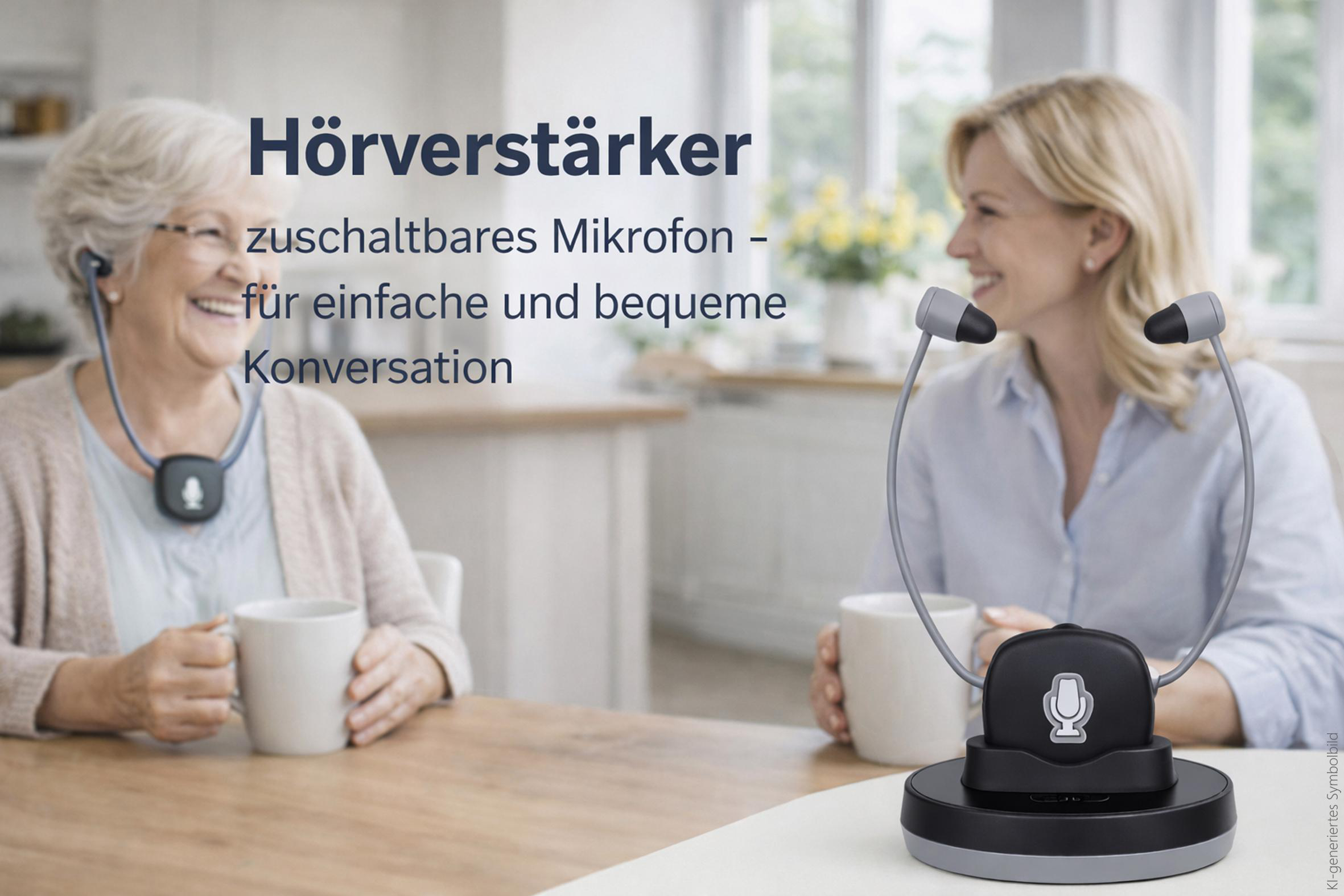 Zwei Frauen sitzen am Tisch, trinken Kaffee und nutzen einen Hörverstärker.