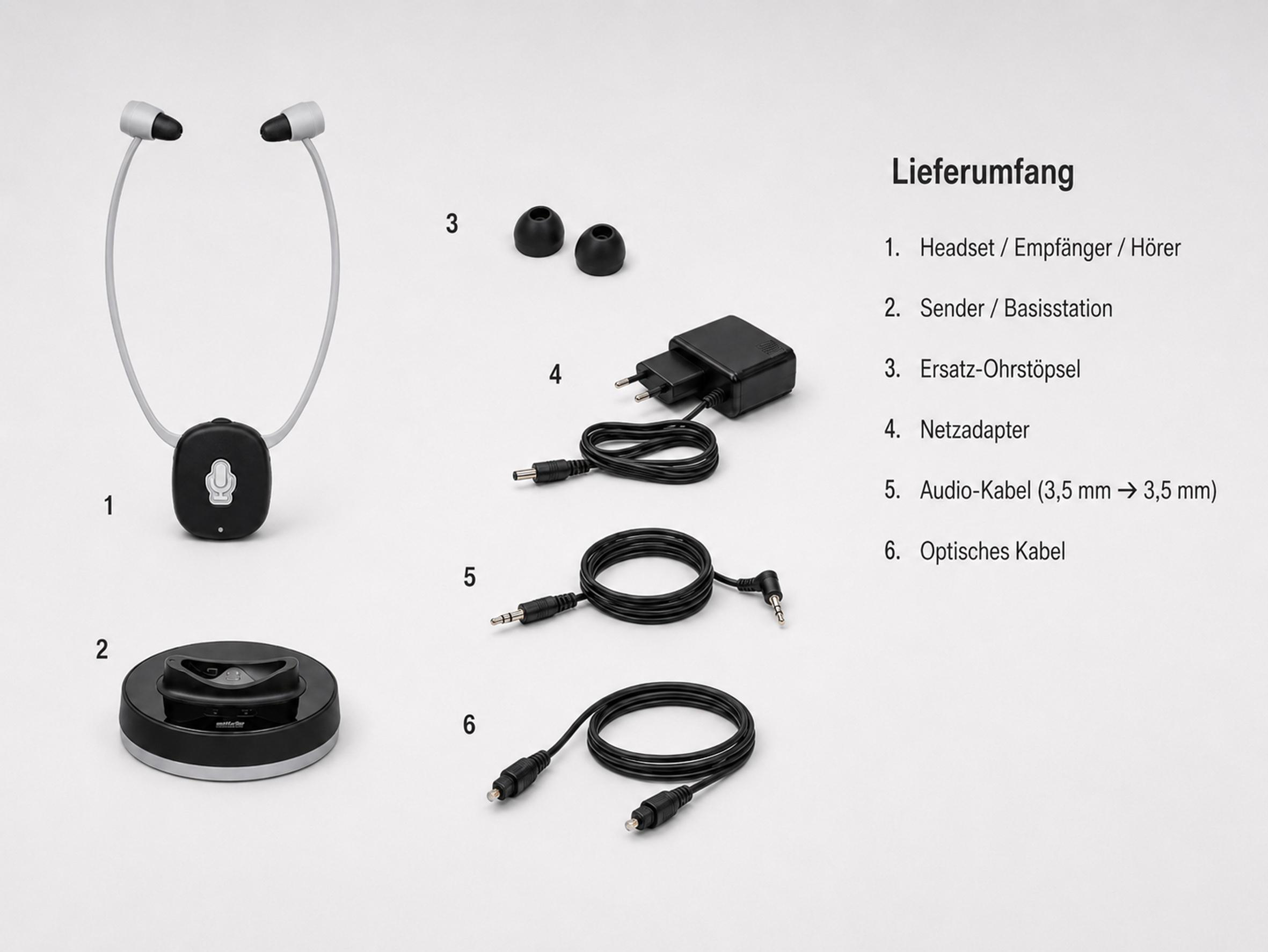 Headset, Ladestation, Ersatz-Ohrstöpsel, Netzadapter, Audiokabel und optisches Kabel mit nummerierten Labels.