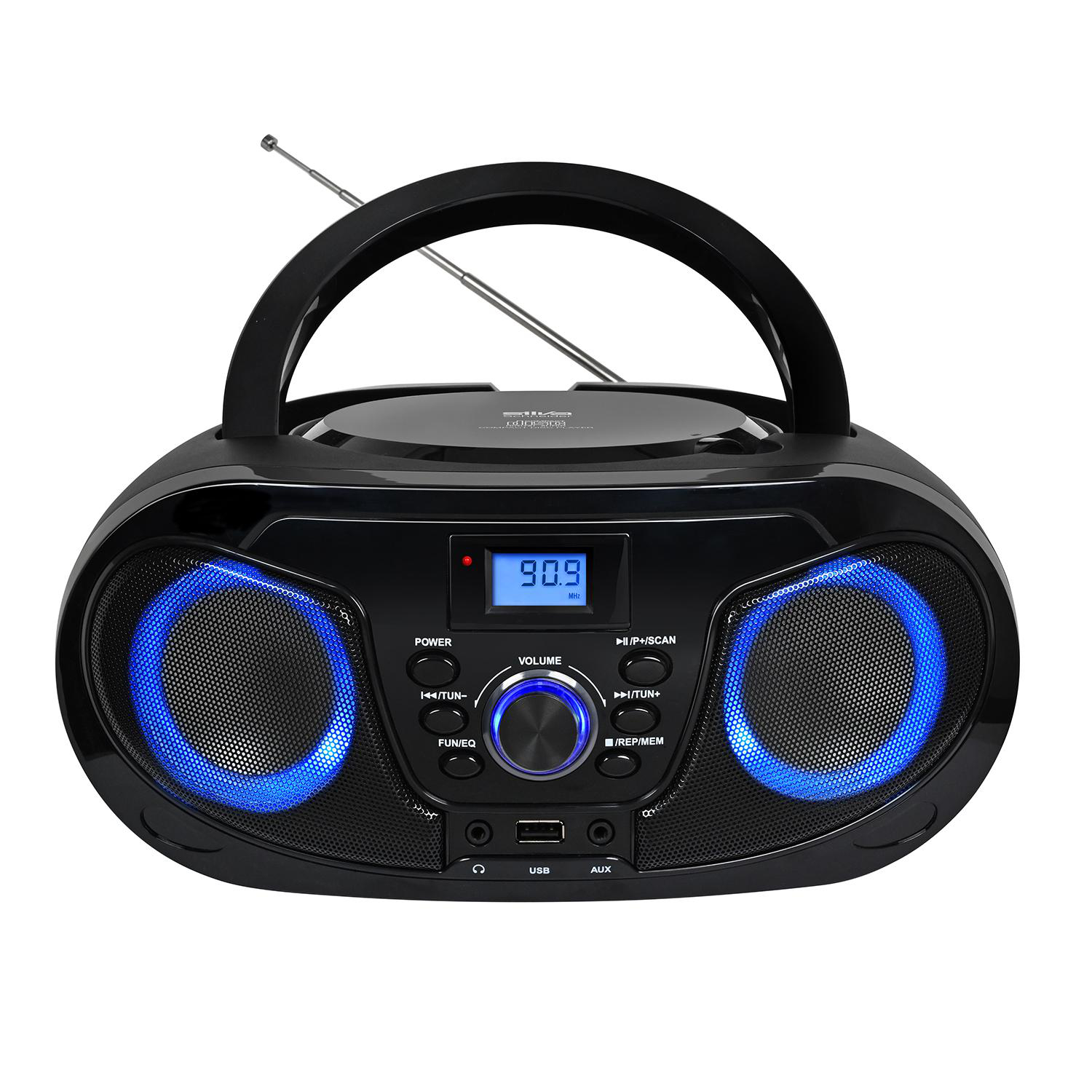 Schwarzer tragbarer CD-Player mit blau leuchtenden Lautsprechern und digitaler Anzeige.