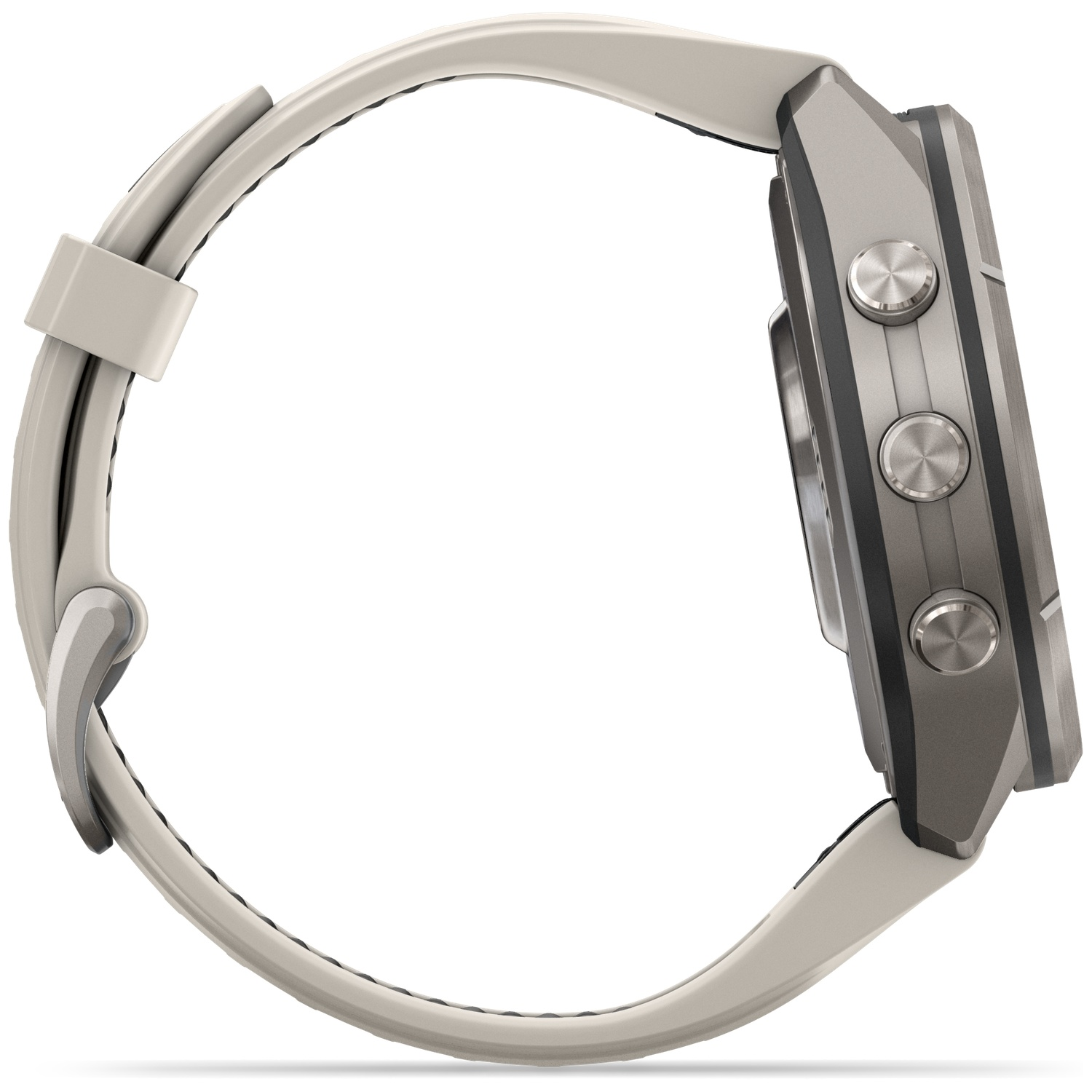 Side view of a grey smartwatch with three metal buttons and a light silicone strap against a white background.