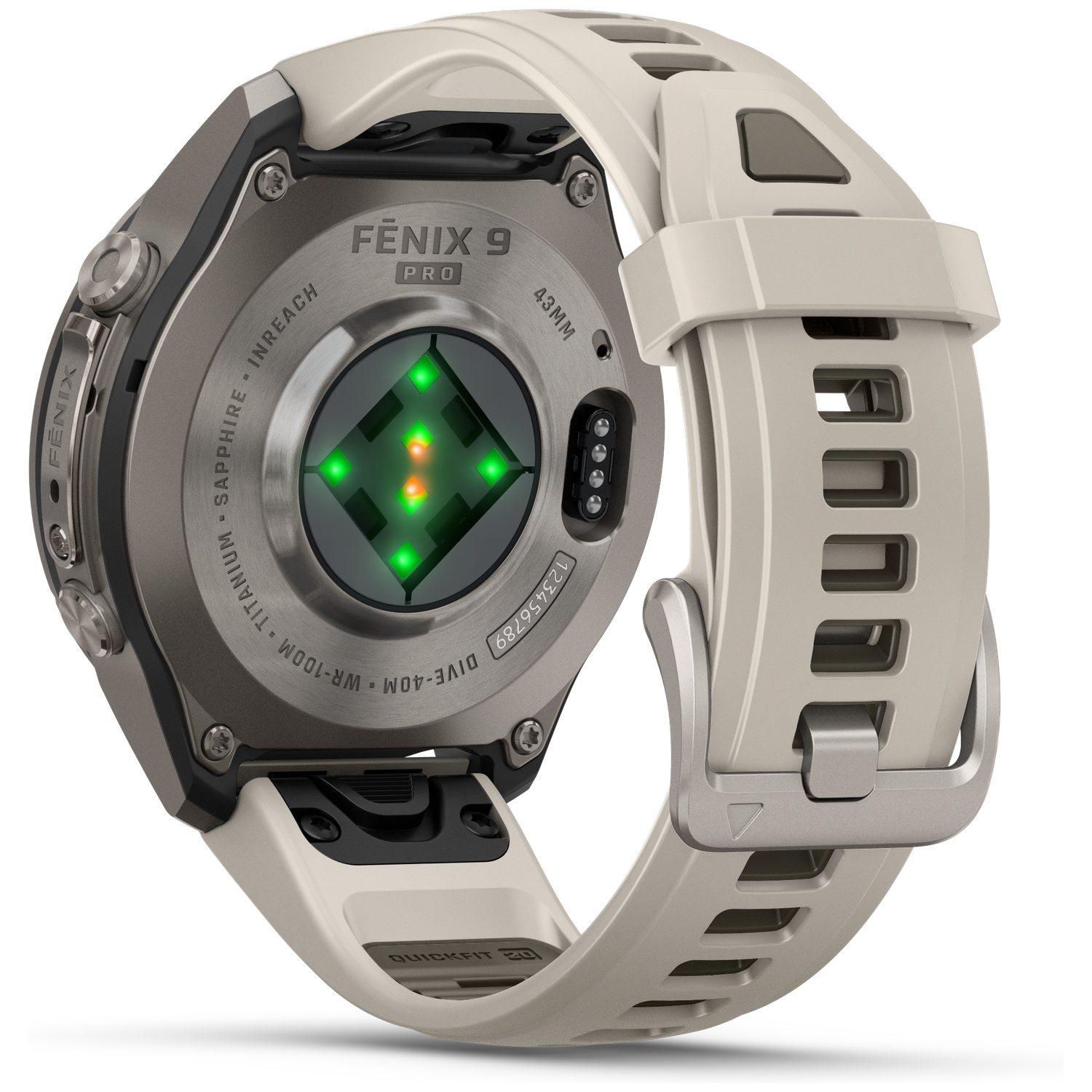 Back of a Fenix 9 Pro smartwatch featuring a light silicone strap and glowing green sensor LEDs.