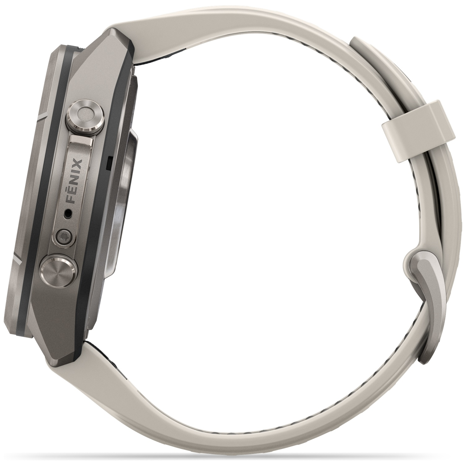 Side view of a grey sports watch with a beige silicone strap on a white background.