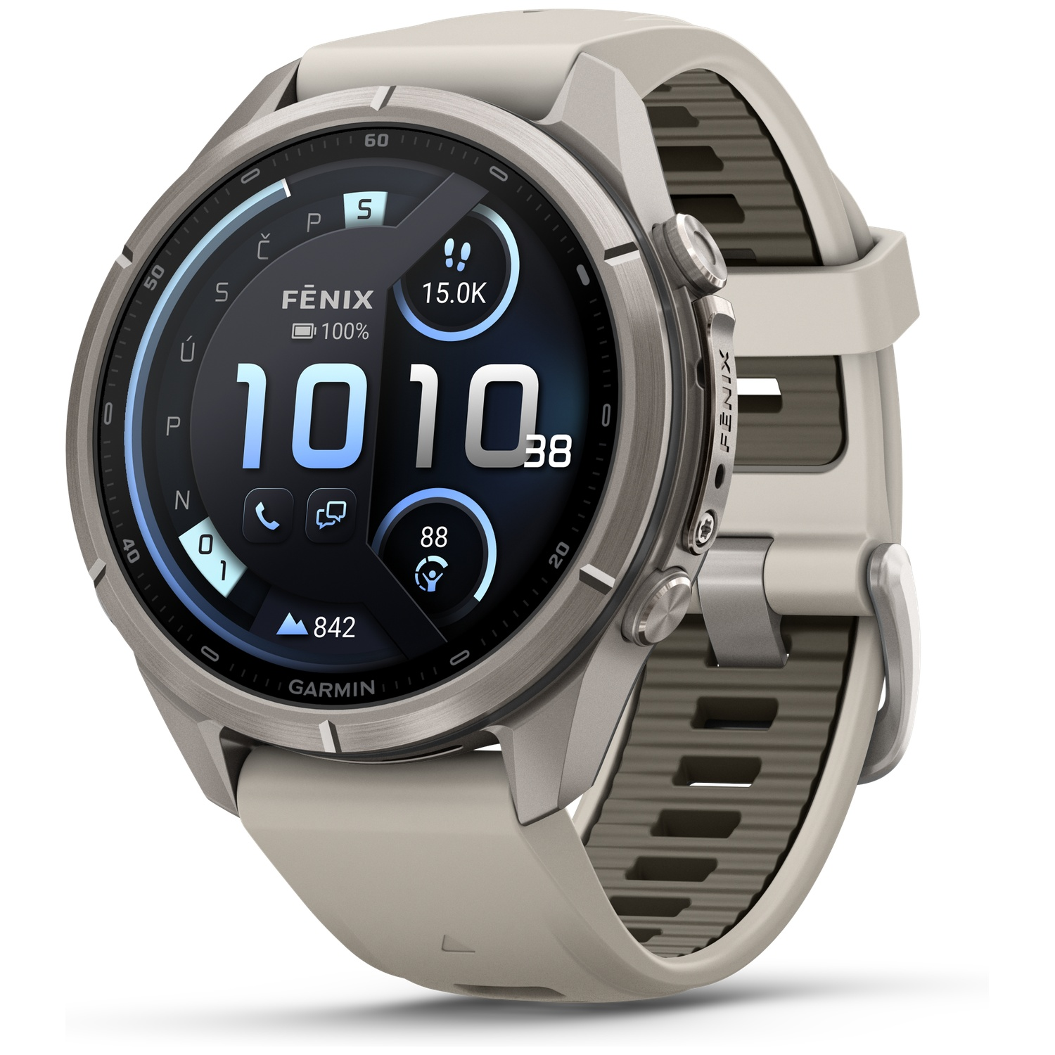 Beige Garmin Fenix smartwatch with a digital display and silicone band on a white background.