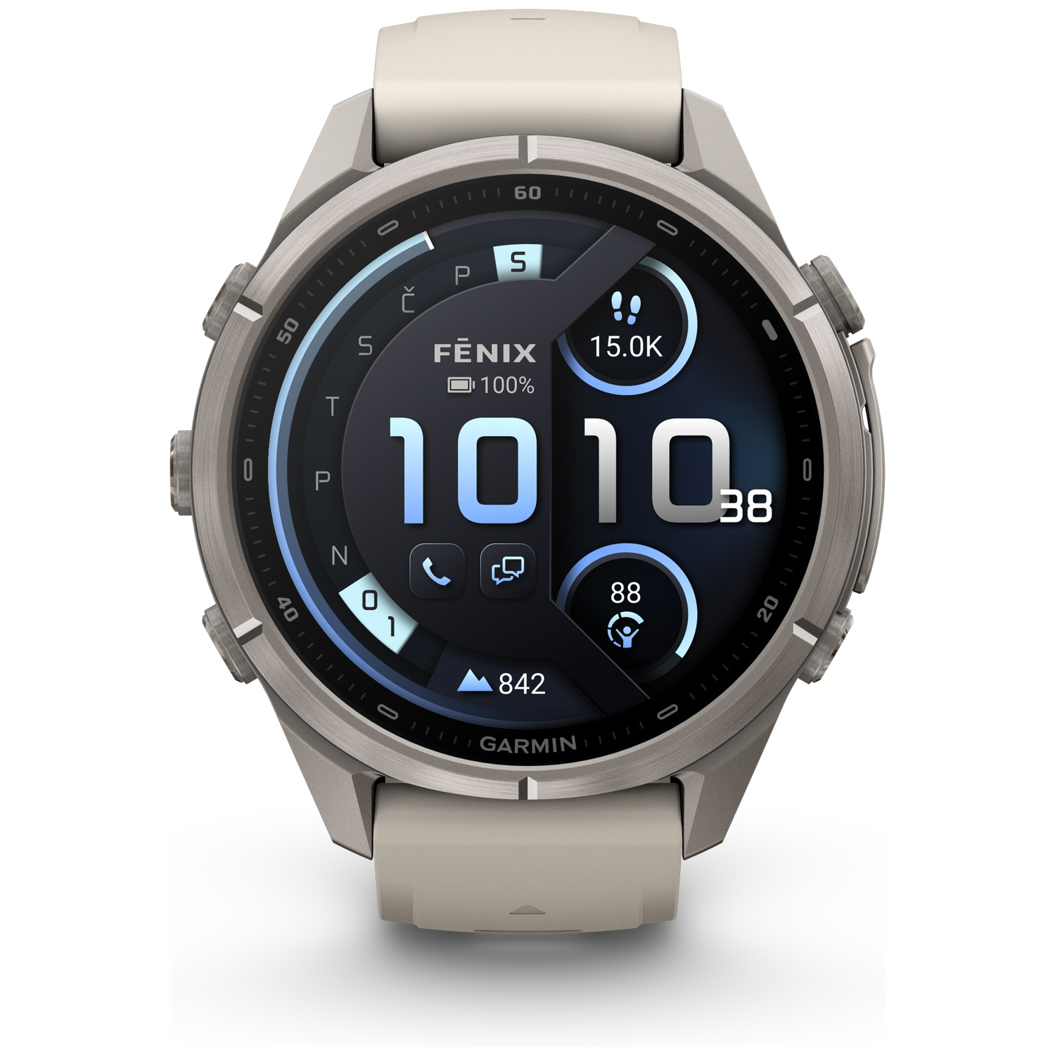 A gray Garmin Fēnix smartwatch with a digital display and beige silicone strap on a white background.