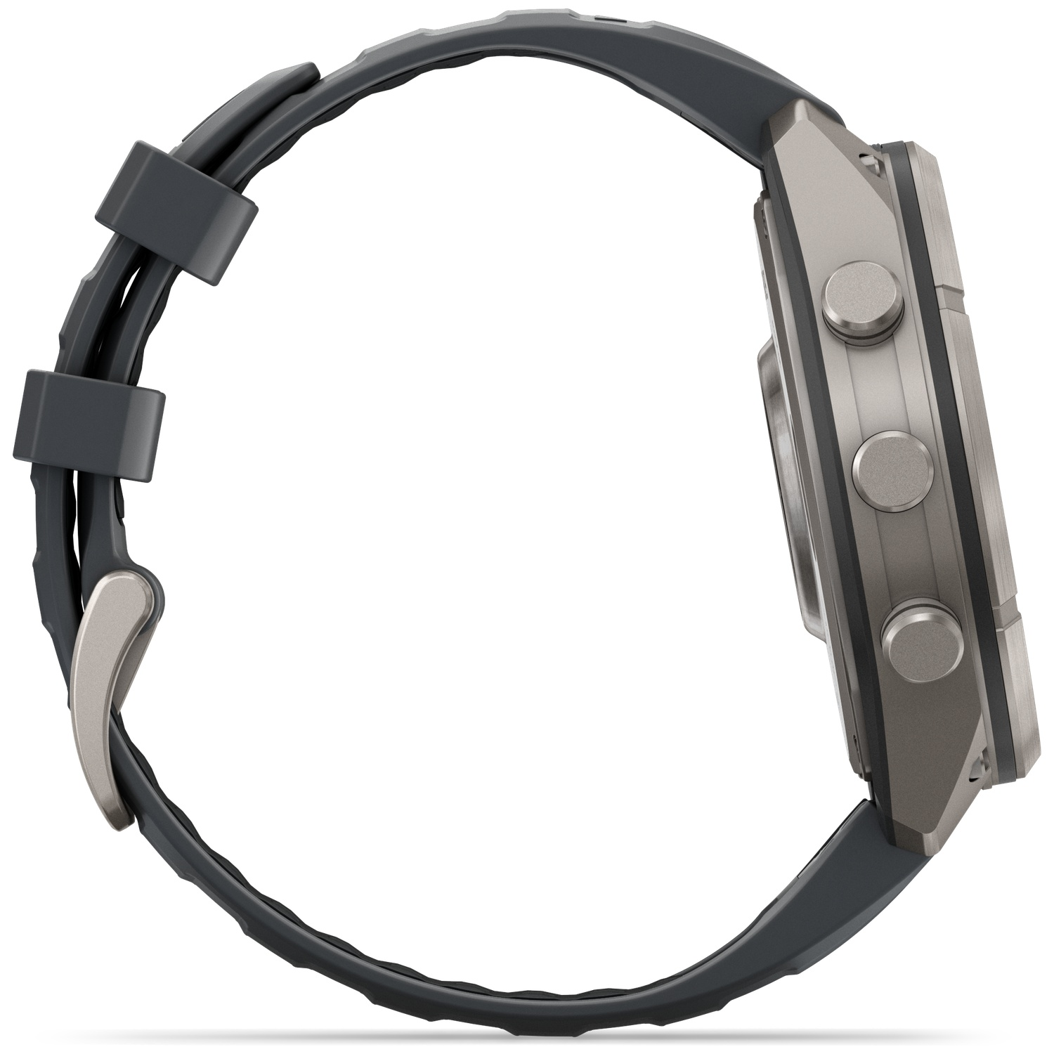 A side view of a digital sports watch with a grey metal case and dark grey rubber strap on a white background.