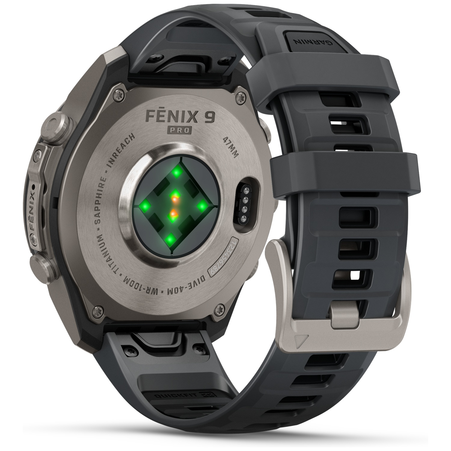 Back of Fenix 9 Pro smartwatch showing sensor lights and dark grey silicone strap.