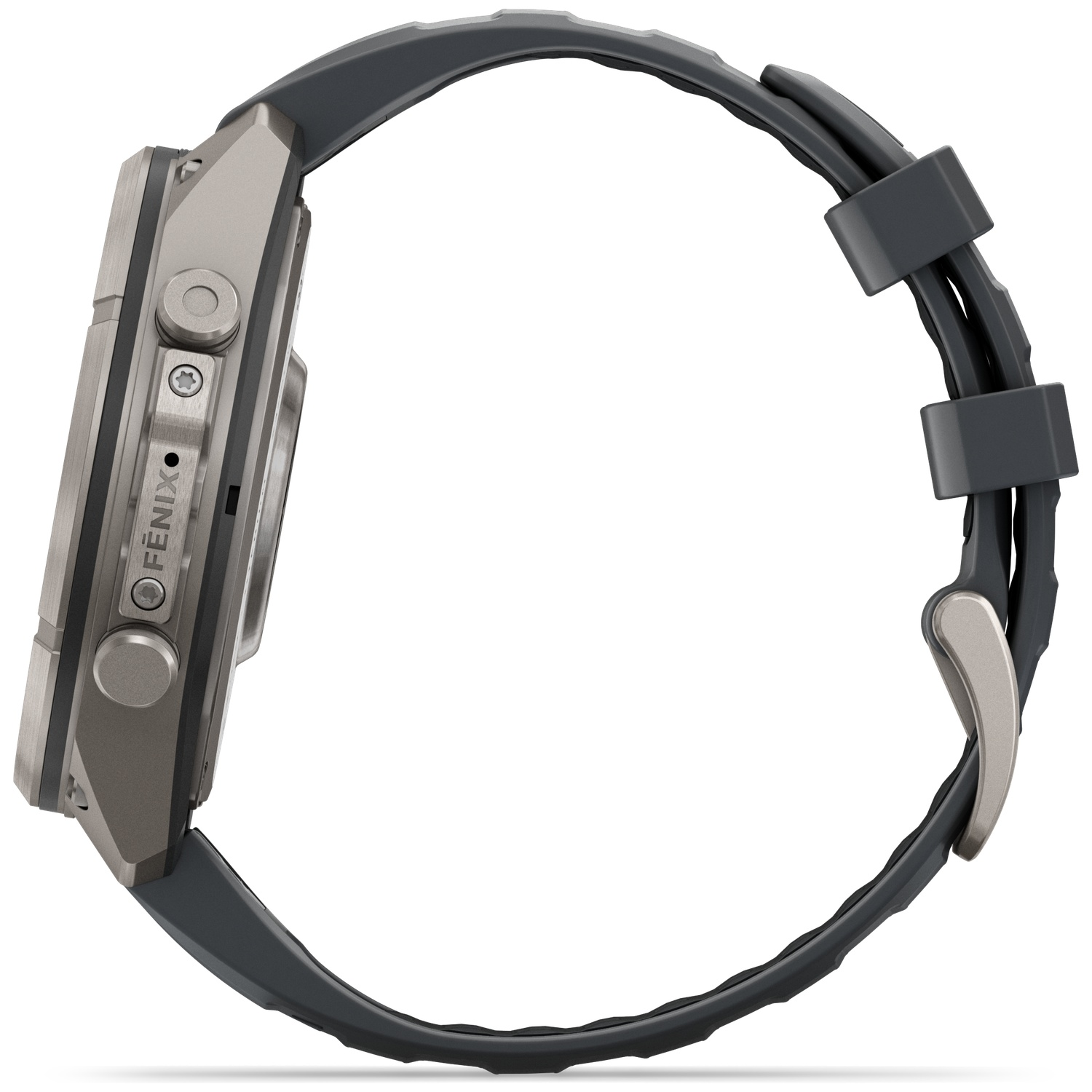Side view of a grey sports watch with a rubber strap on a white background.