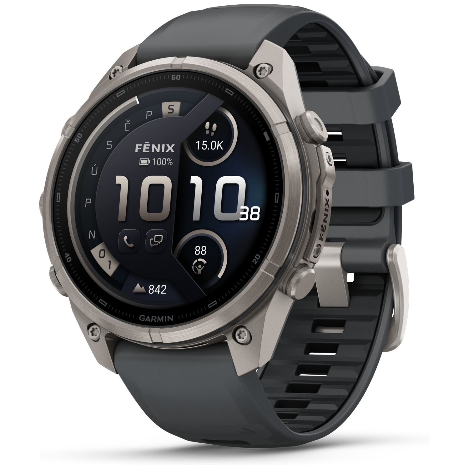 Gray Garmin Fenix smartwatch with round digital display showing time and dark gray silicone strap.