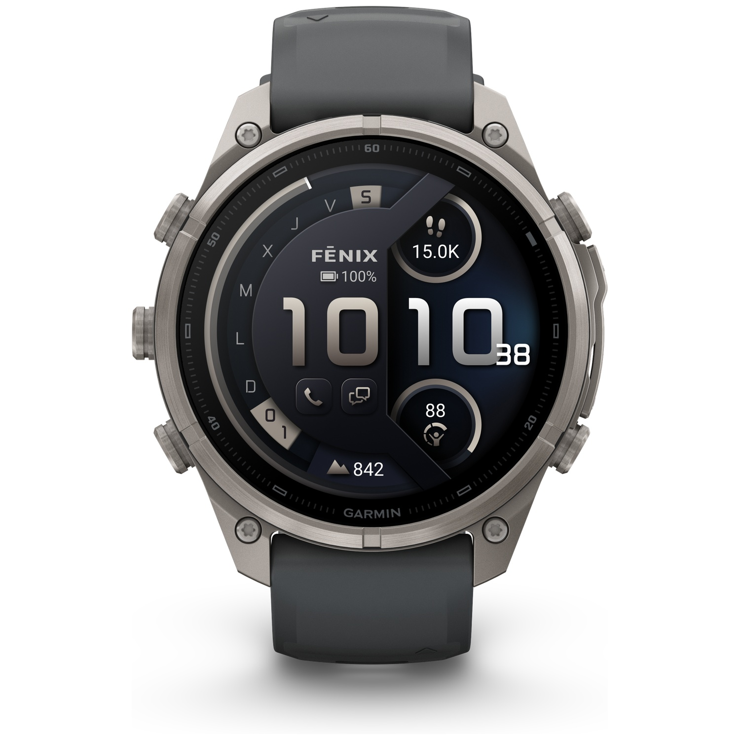 A Garmin Fenix smartwatch with a grey metal case, black bezel, and dark silicone strap showing digital time.