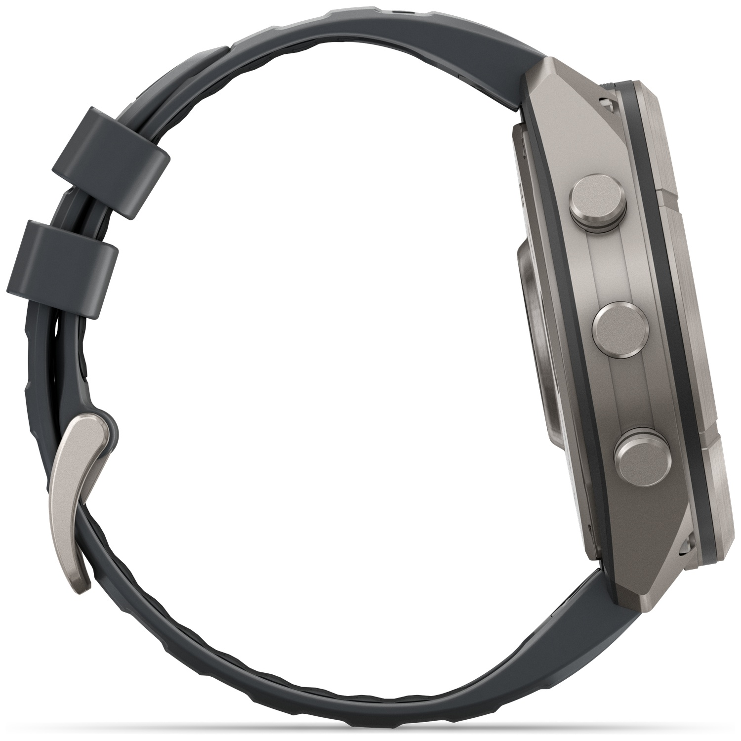 Side view of a silver smartwatch with three buttons and a dark grey silicone strap on a white background.