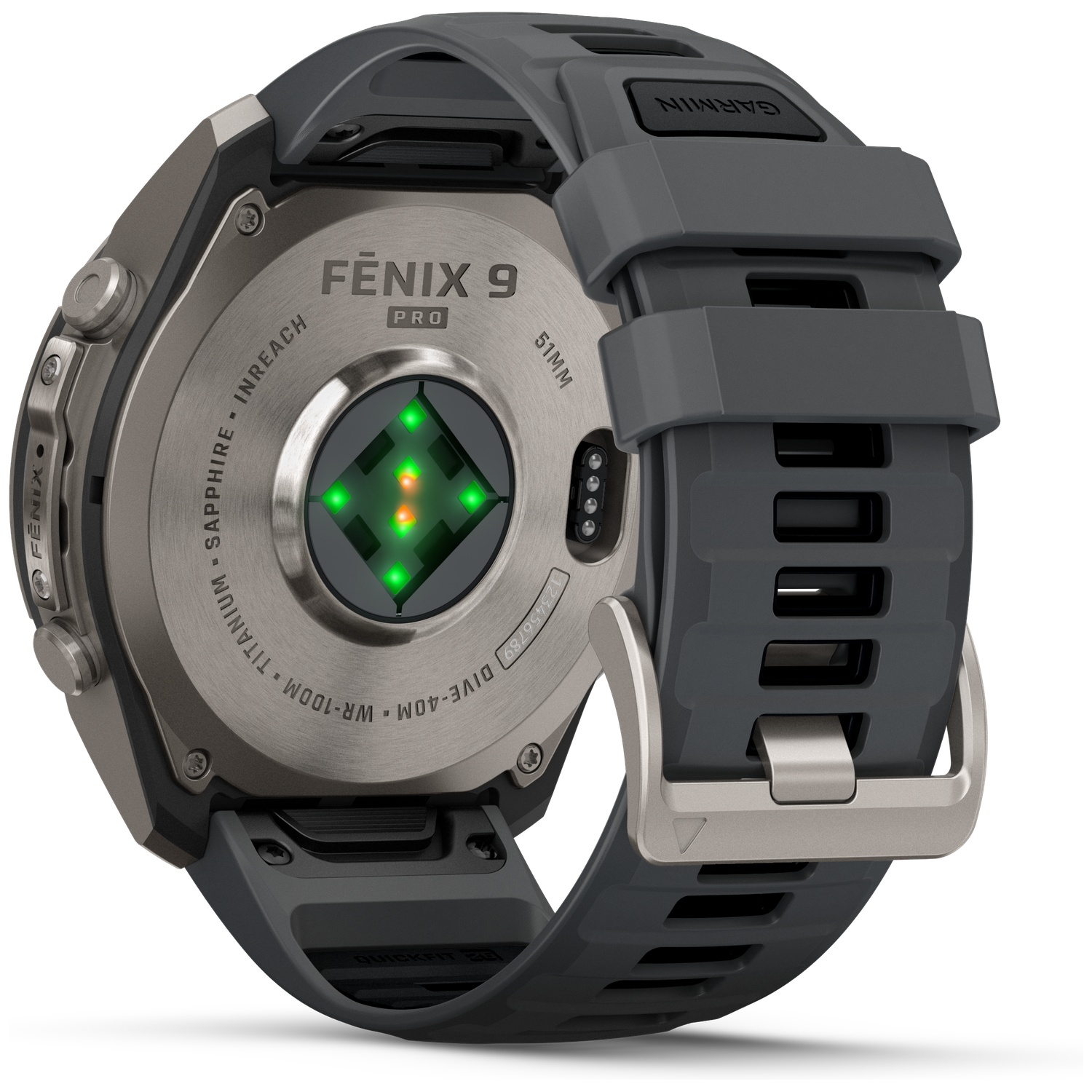Back of a gray Garmin Fenix 9 Pro smartwatch featuring a heart rate sensor and silicone band.