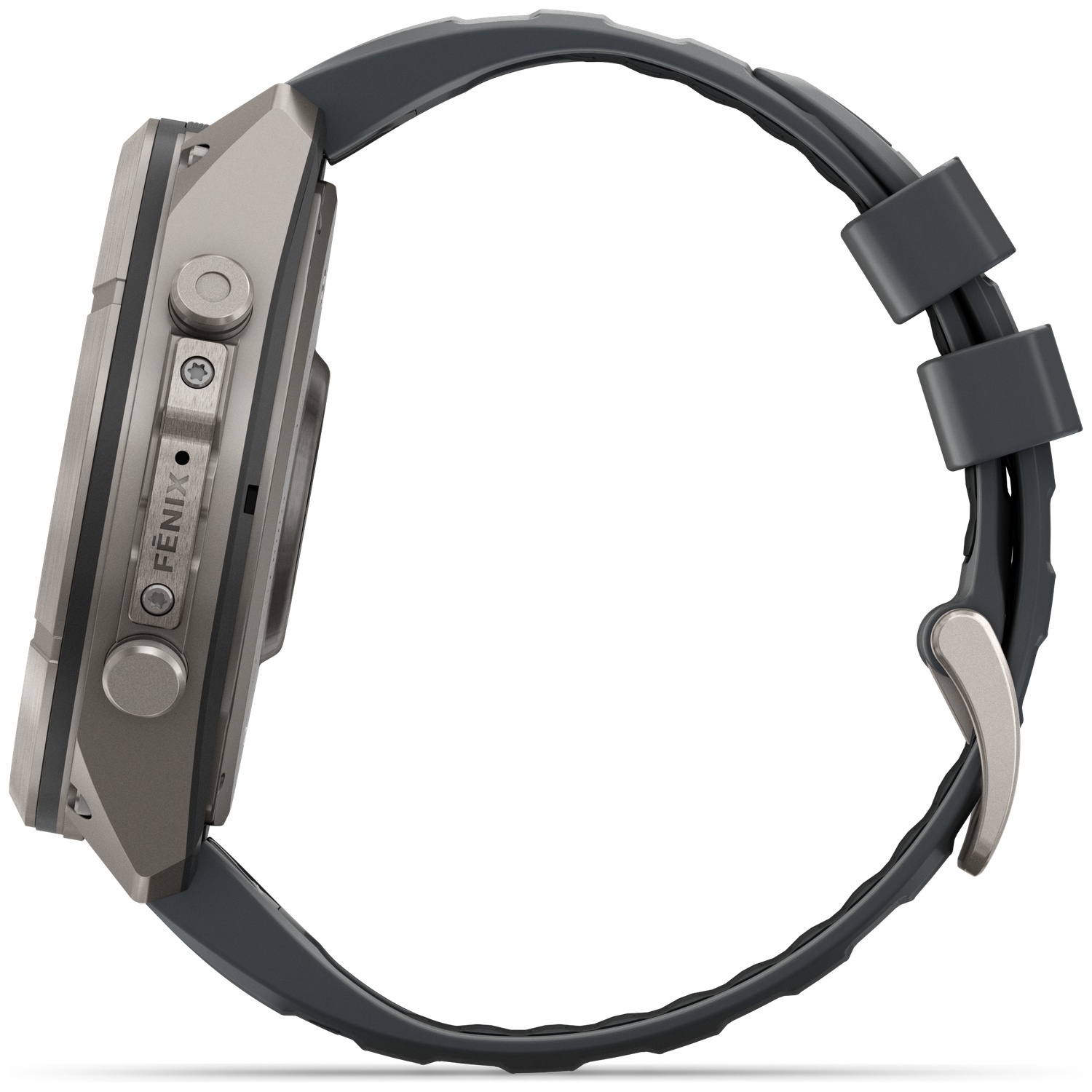 Side view of a rugged Fenix sports watch with a grey case and black silicone strap on a white background.