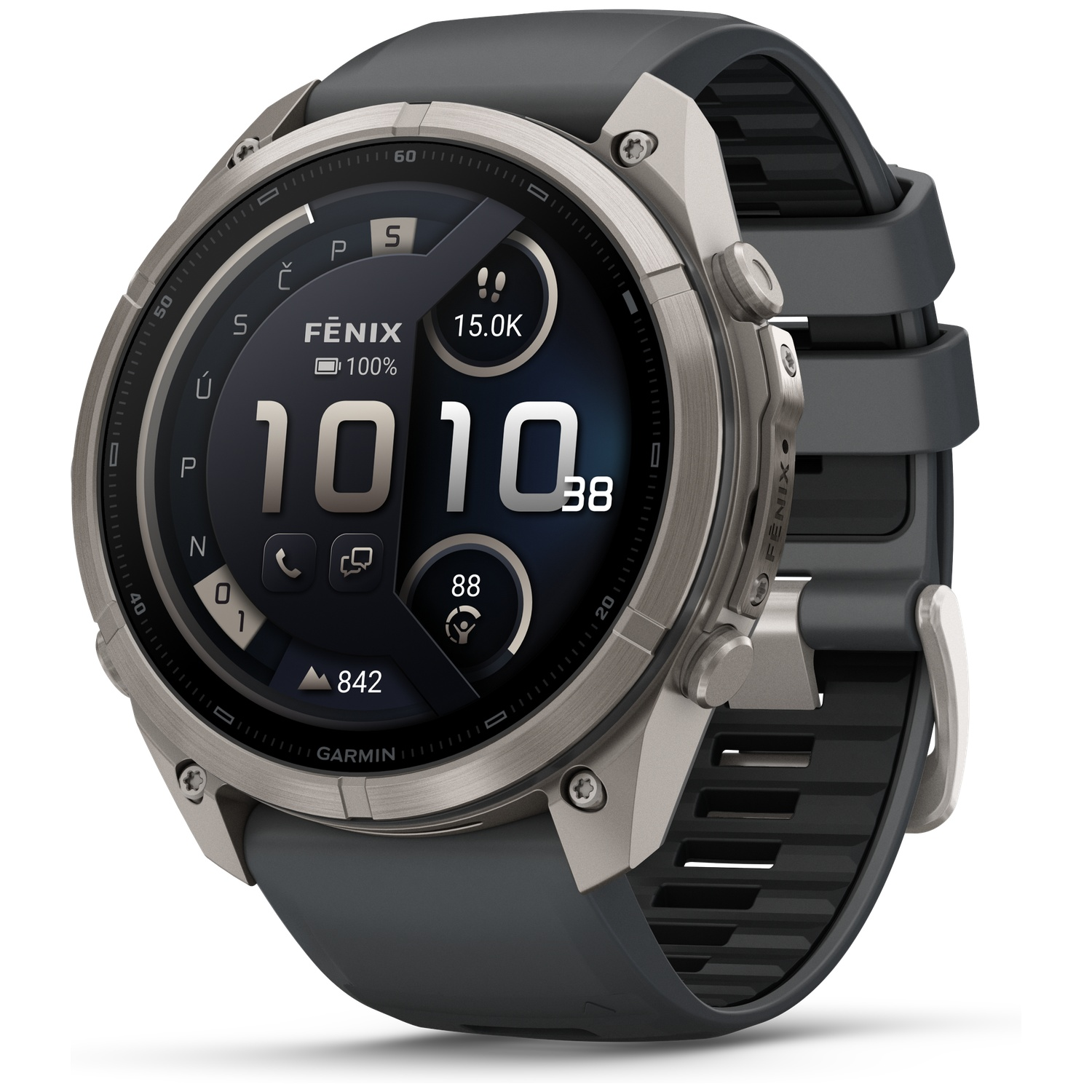 A grey Garmin sports watch with a metal bezel, black silicone strap, and digital watch face.