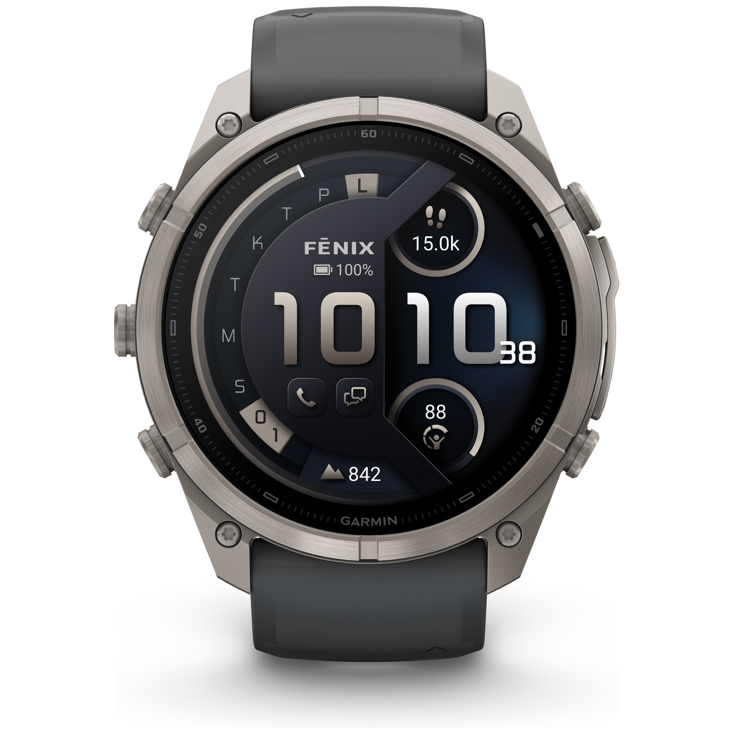 A grey Garmin Fenix smartwatch with a digital watch face displaying time, battery level, and fitness stats.