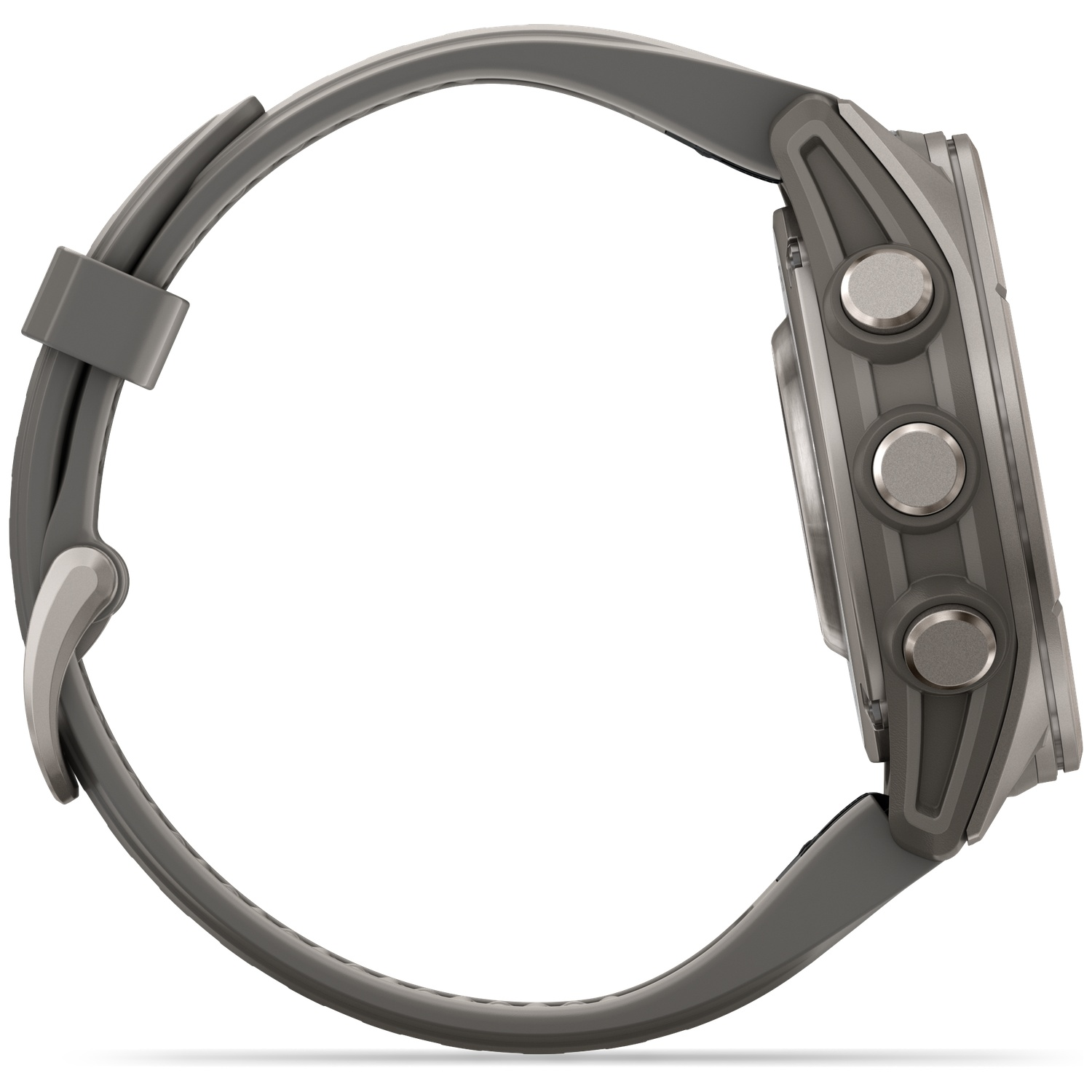 Side view of a grey sports watch with three round buttons and a silicone strap on a white background.