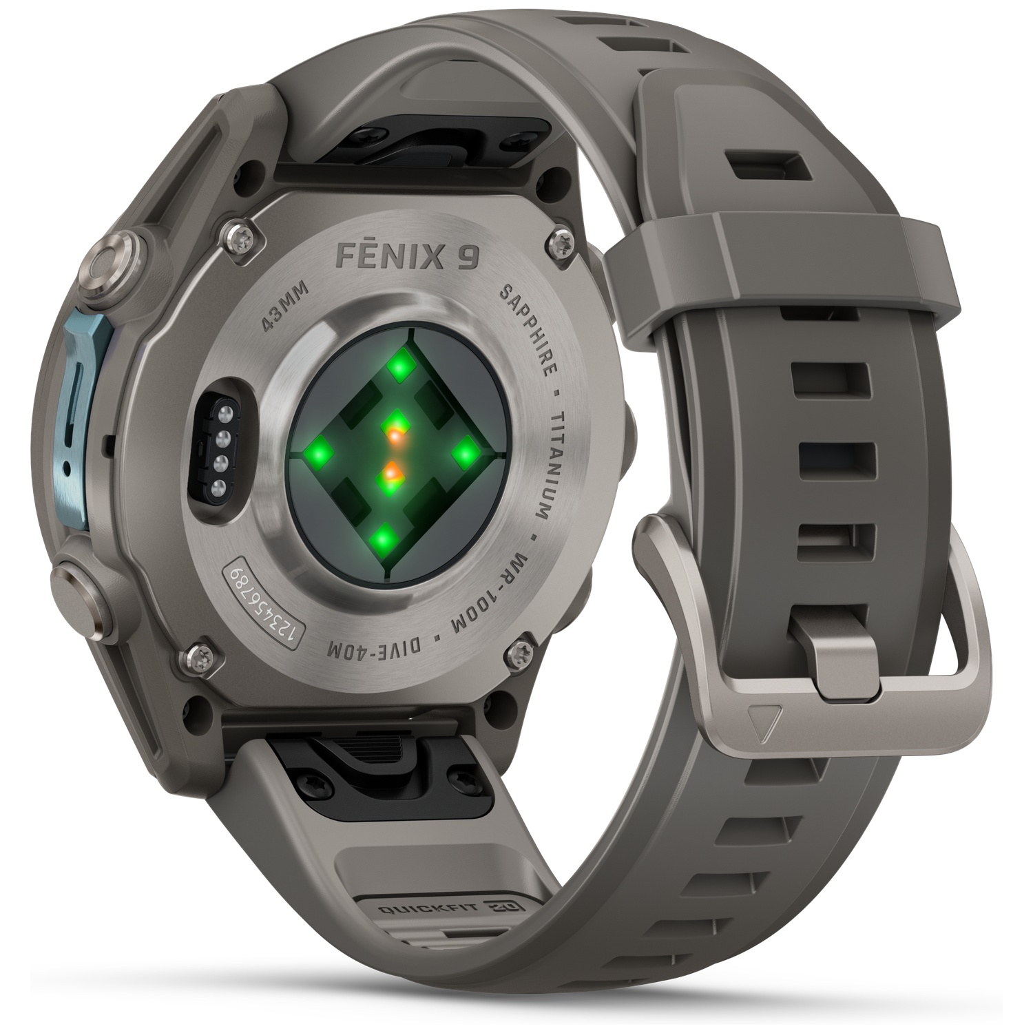 Back view of a grey Garmin Fēnix 9 smartwatch showing sensors and rubber strap.