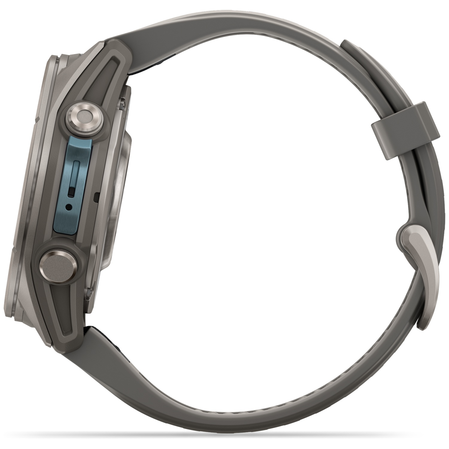 Side view of a grey sports watch with a blue accent on the case and a flexible silicone strap against a white background.