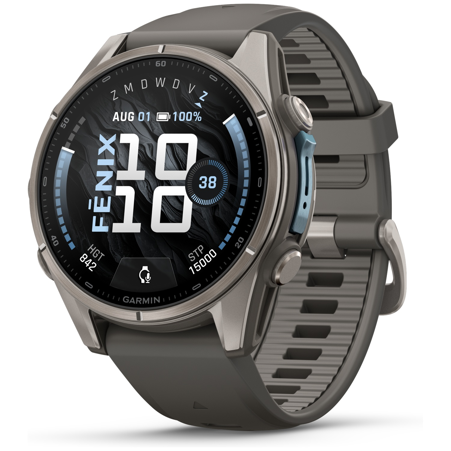 A gray Garmin Fenix smartwatch with a digital display and silicone band on a white background.