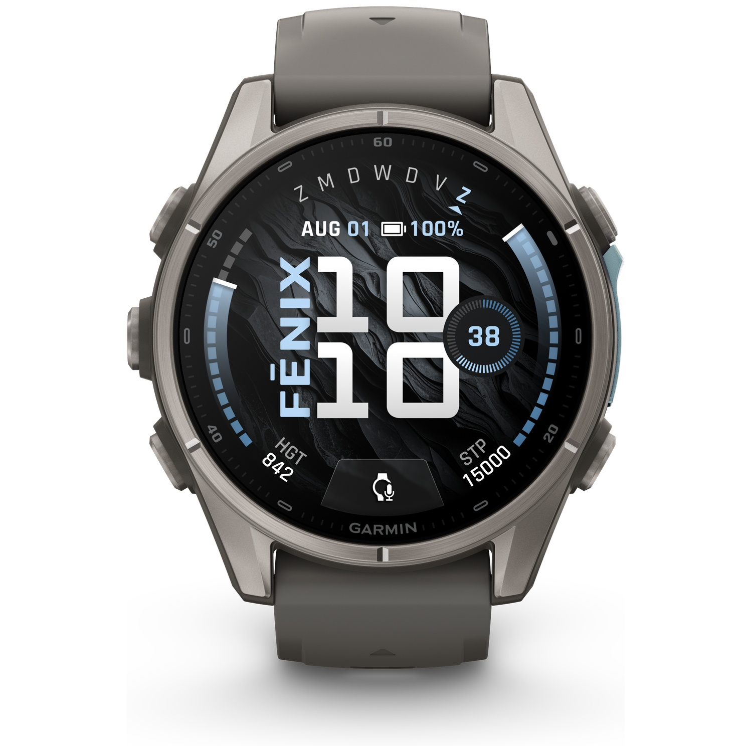 A grey Garmin smartwatch with a digital watch face showing time, date, and fitness stats.