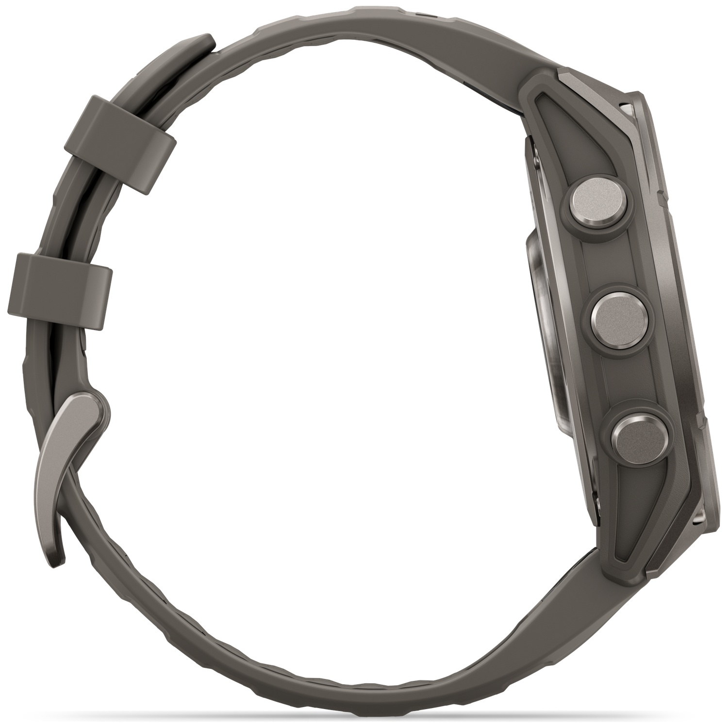 Side view of a dark gray sports watch with three metal control buttons and a rubber strap on a white background.