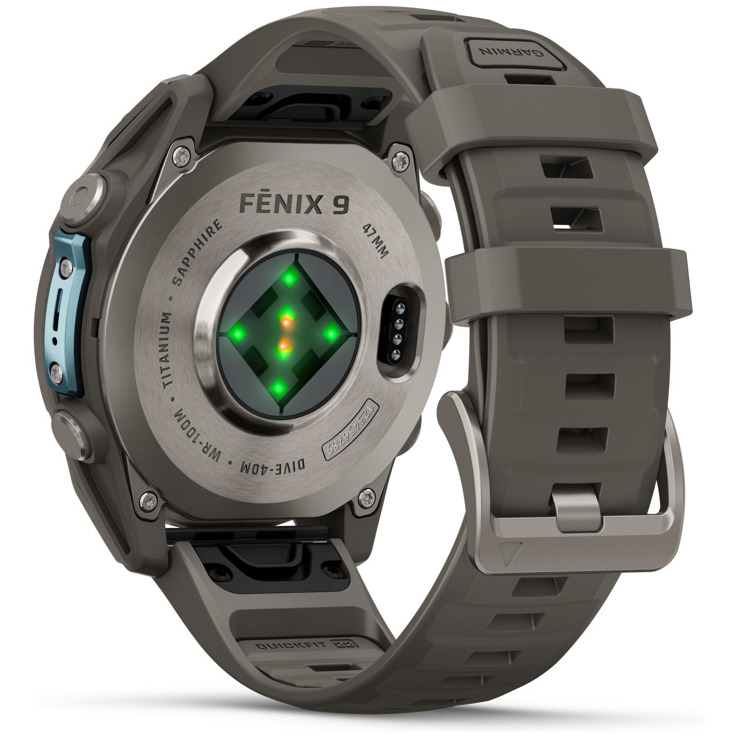 Back view of a Garmin Fenix 9 smartwatch showing sensors and a grey silicone strap.