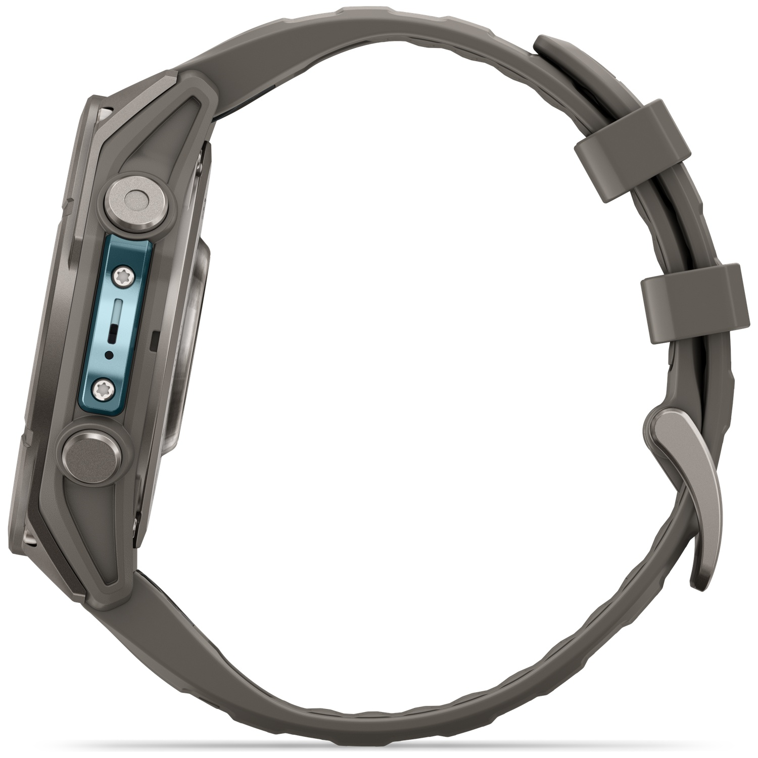 A side view of a rugged gray smartwatch with a matching silicone band against a plain white background.