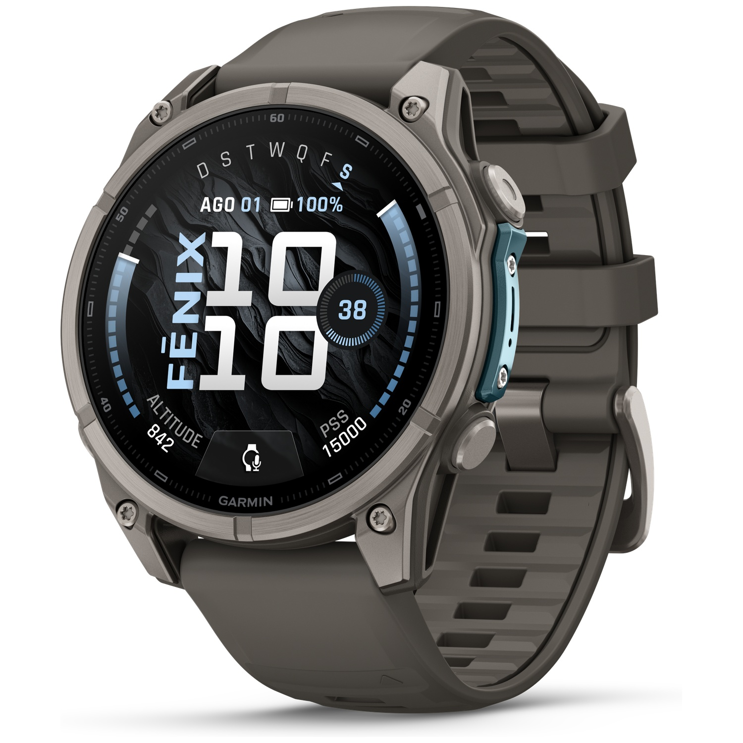 A grey Garmin Fenix smartwatch with a digital display and silicone band against a white background.