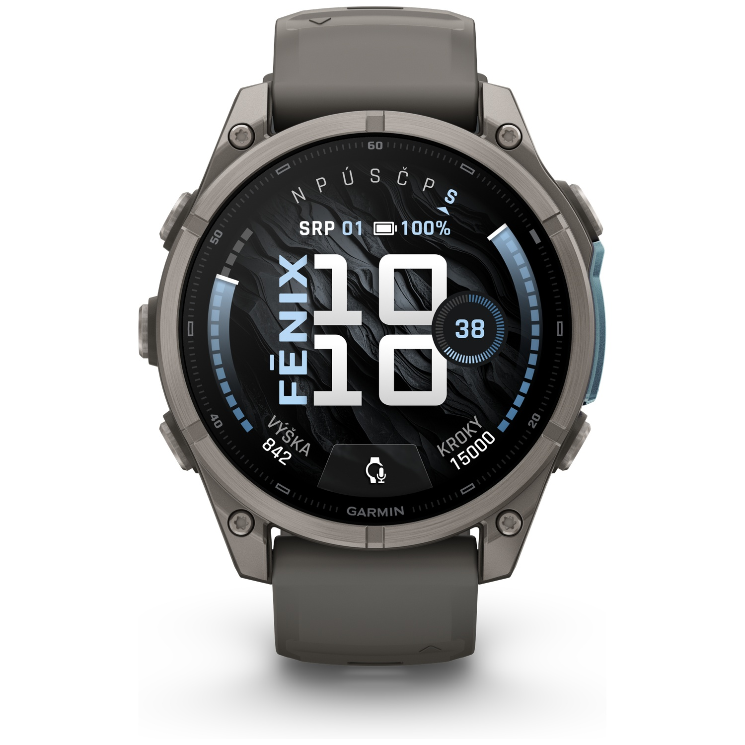 Gray Garmin sports watch featuring a digital watch face displaying time, date, and activity stats.