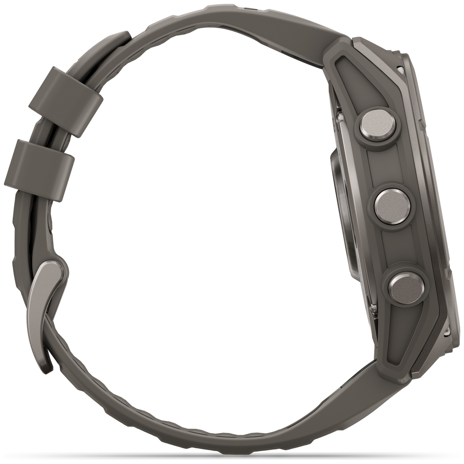 A grey sports watch with three side buttons and a rubber strap, viewed from the side on a white background.