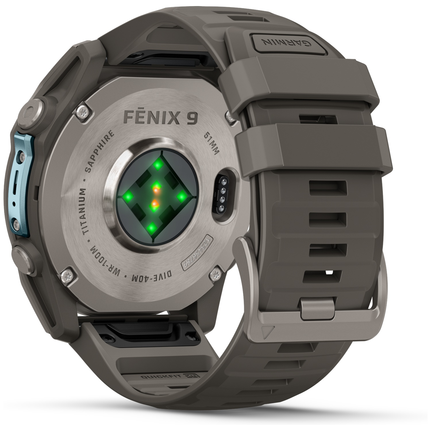 Back view of a gray Garmin Fenix 9 smartwatch showing sensors and a rubber strap.