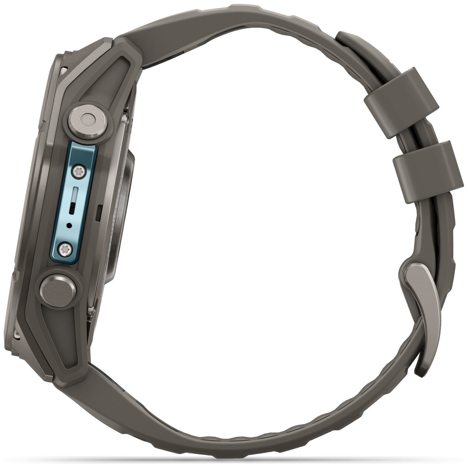 Side view of a dark outdoor sports watch with a grey silicone strap and blue accents against a white background.