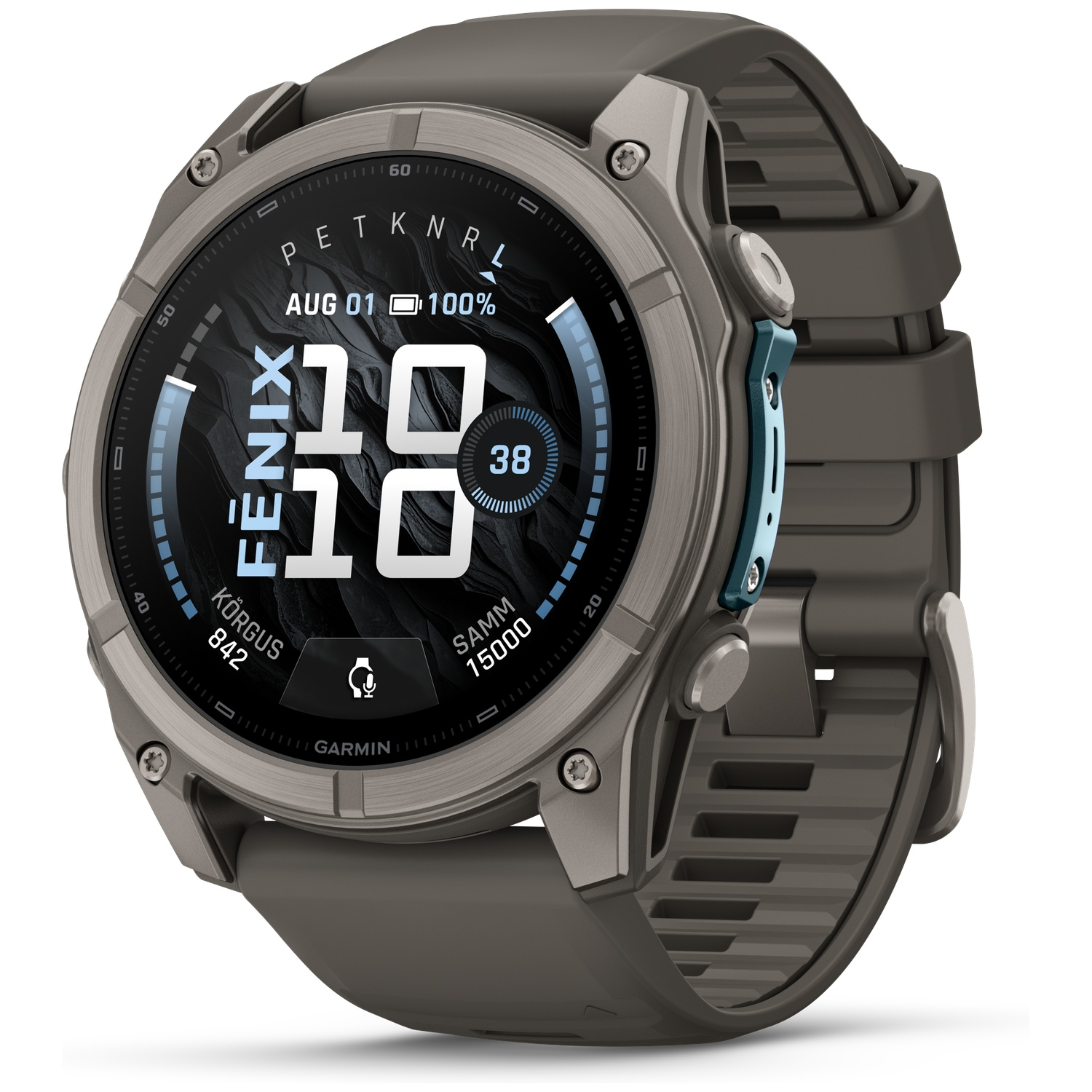 A grey Garmin Fenix smartwatch with a round digital display, rugged titanium bezel, and a silicone strap.