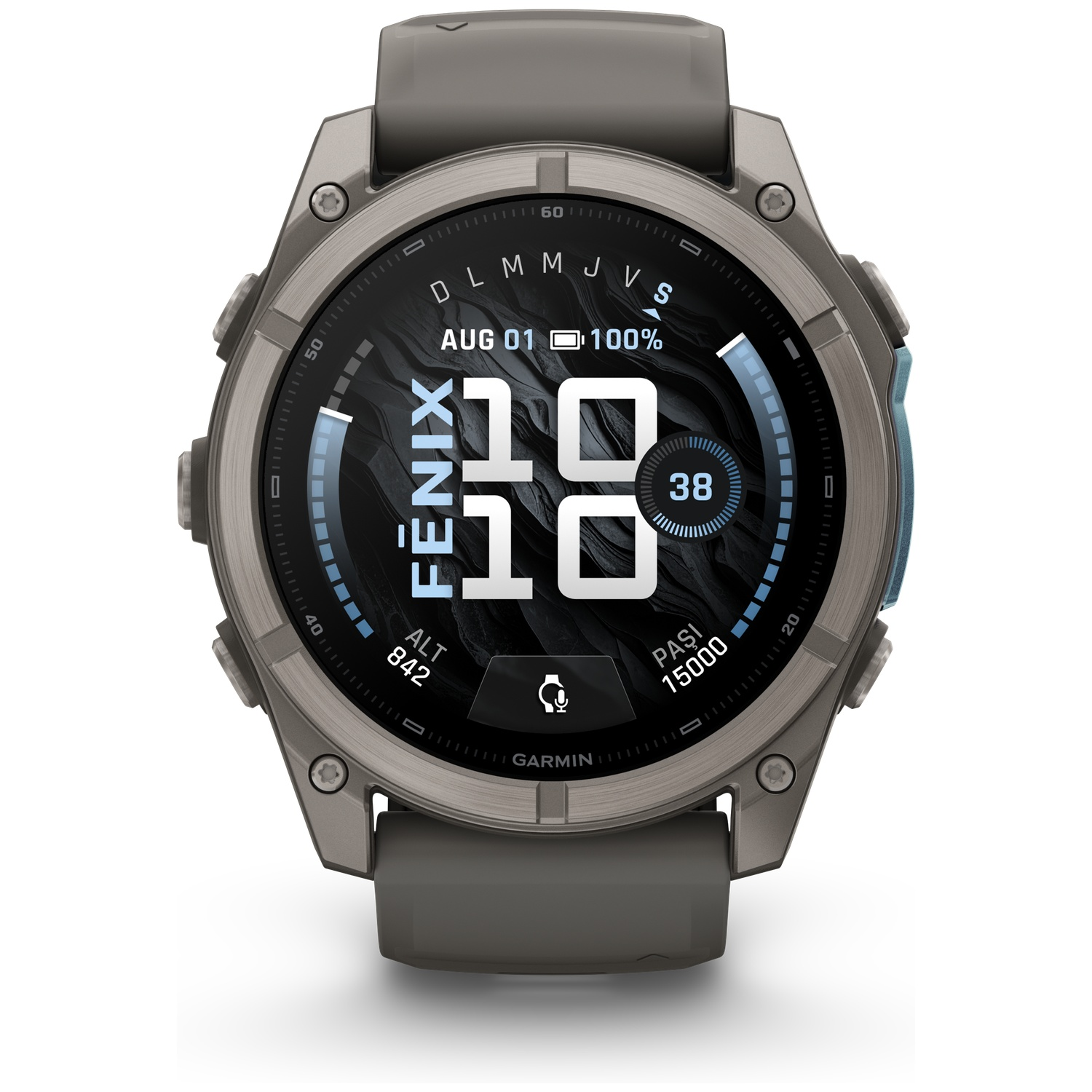 A grey Garmin Fenix smartwatch with a digital watch face displaying the time, date, and activity stats.