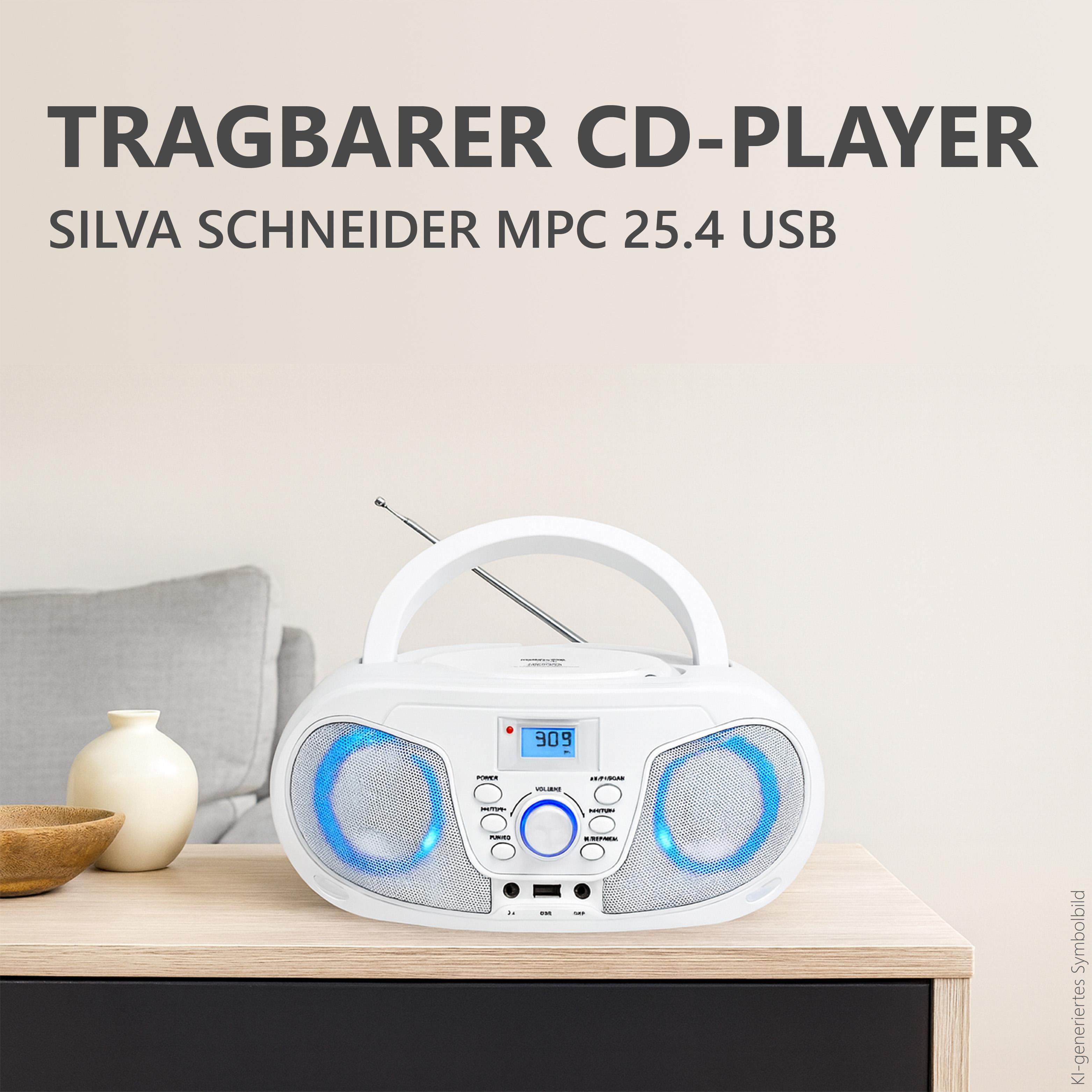 Ein weißer tragbarer CD-Player mit blauen Lichtakzenten steht auf einem Holztisch vor einer beigen Wand.